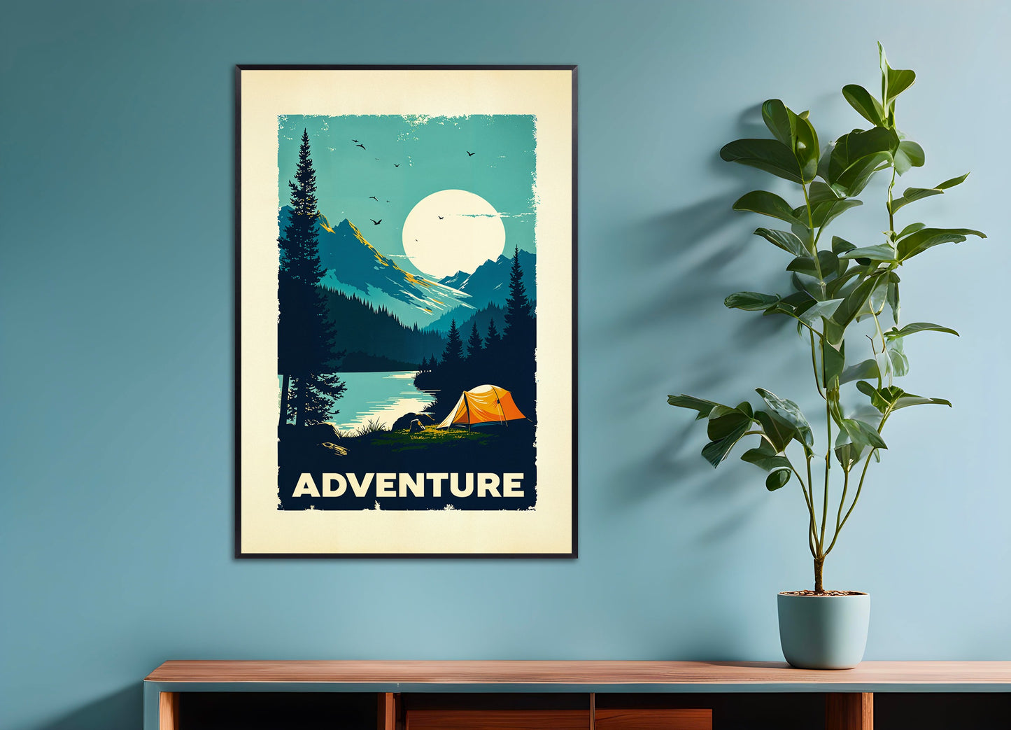 Poster with metal frame: Vintage style nature poster, camping and adventure