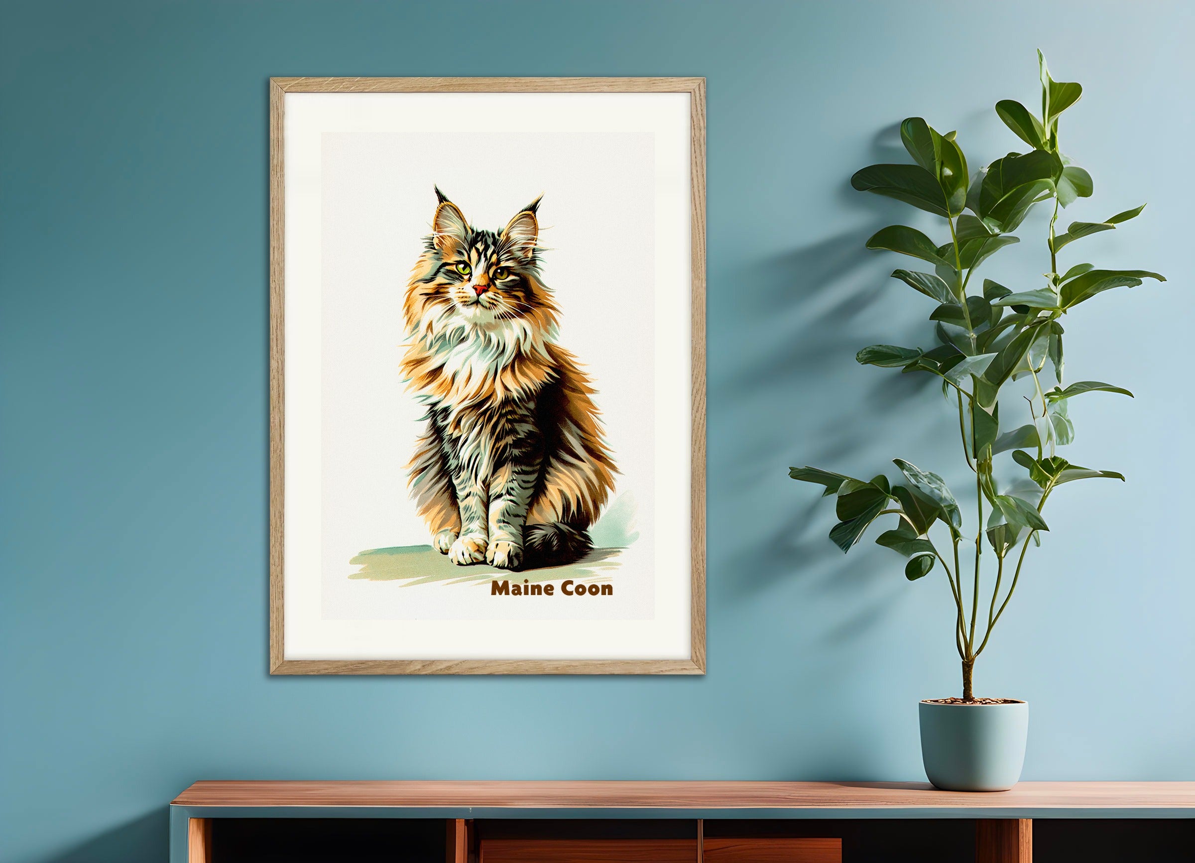 Poster with natural wood frame: Maine Coon Cat 02 - vintage art