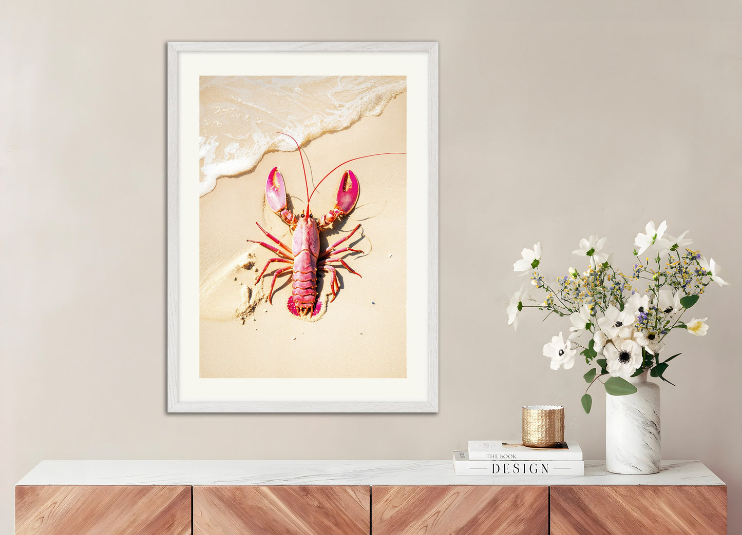 Poster with white wood frame: Pink crayfish on a beach