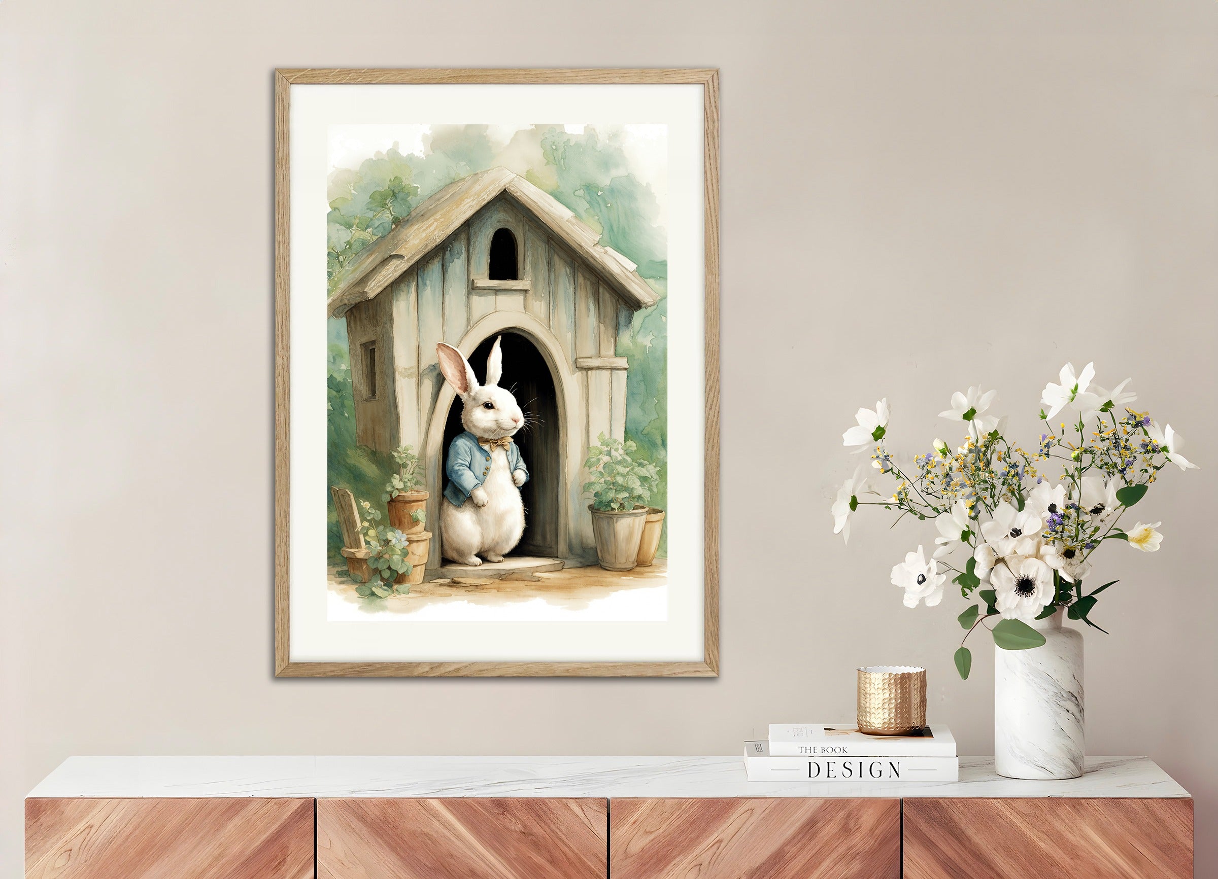 Poster with natural wood frame: The Tale of Peter Rabbit, tribute to Beatrix Potter 01