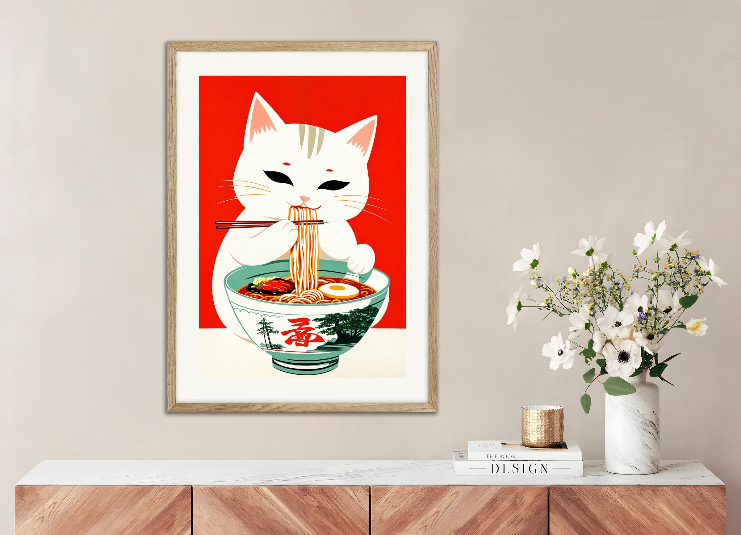 Poster with natural wood frame: Ramen & Cat, Asian restaurant