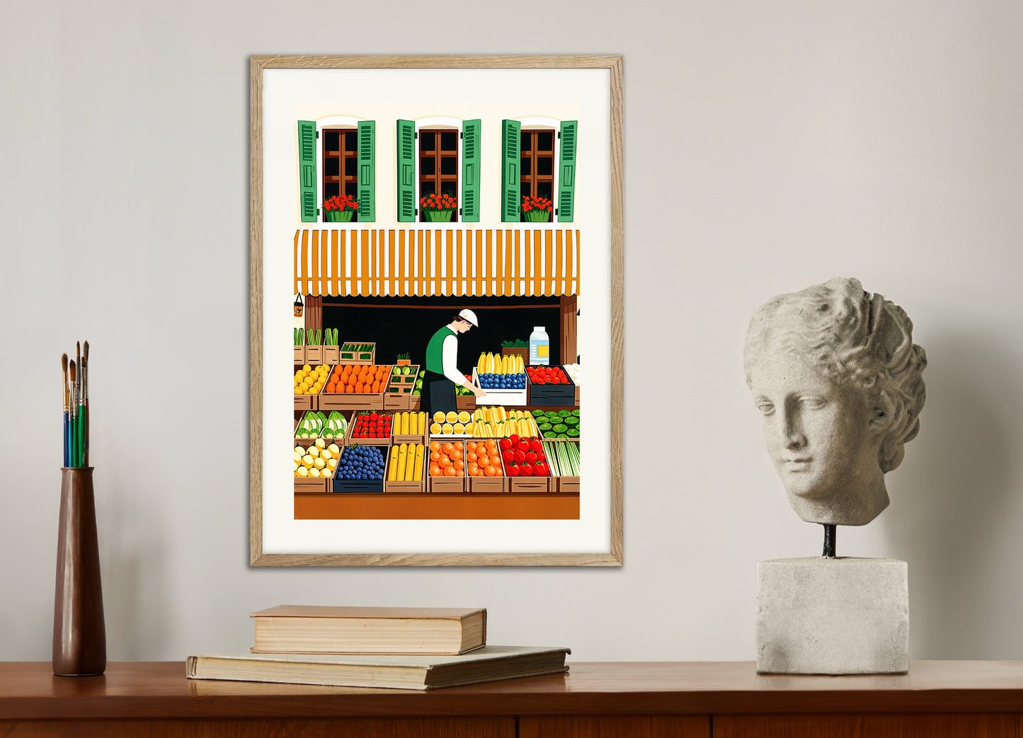 Poster with natural wood frame: Market poster, fruits and vegetables