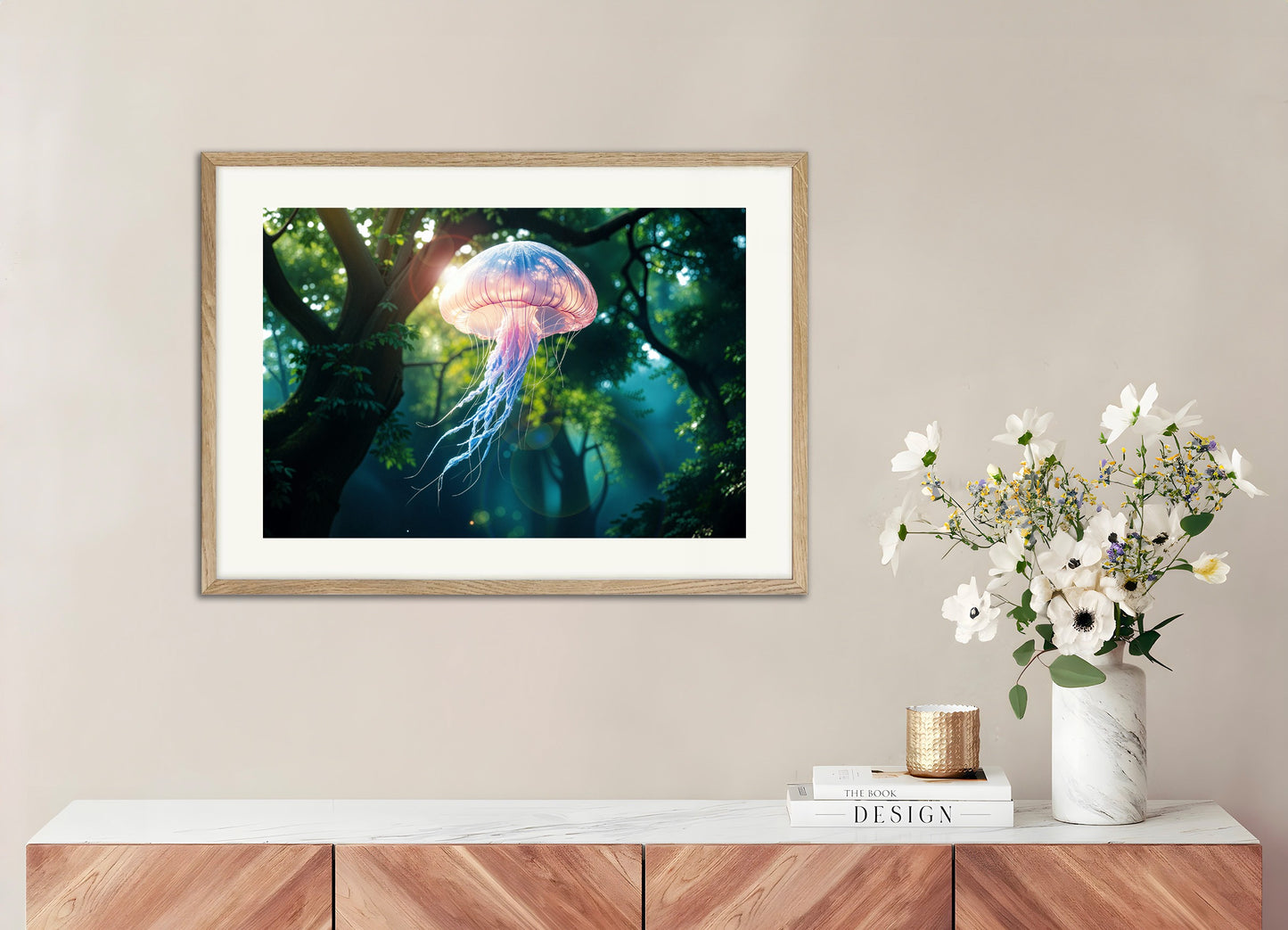 Poster with natural wood frame: Magical realism, luminescent jellyfish