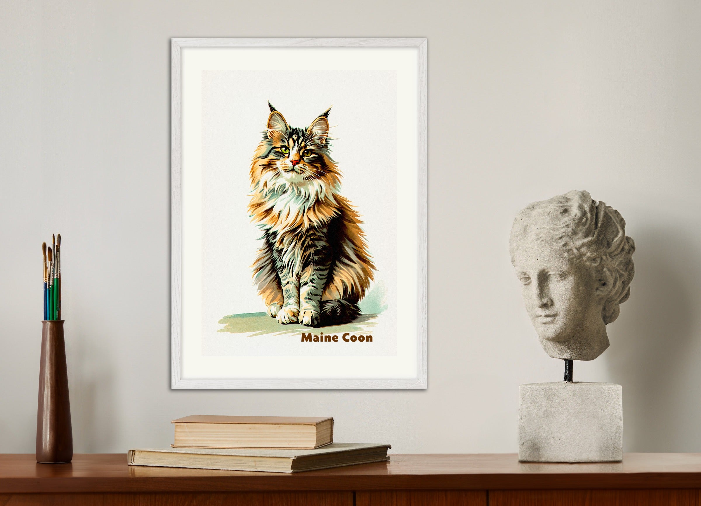 Poster with white wood frame: Maine Coon Cat 02 - vintage art