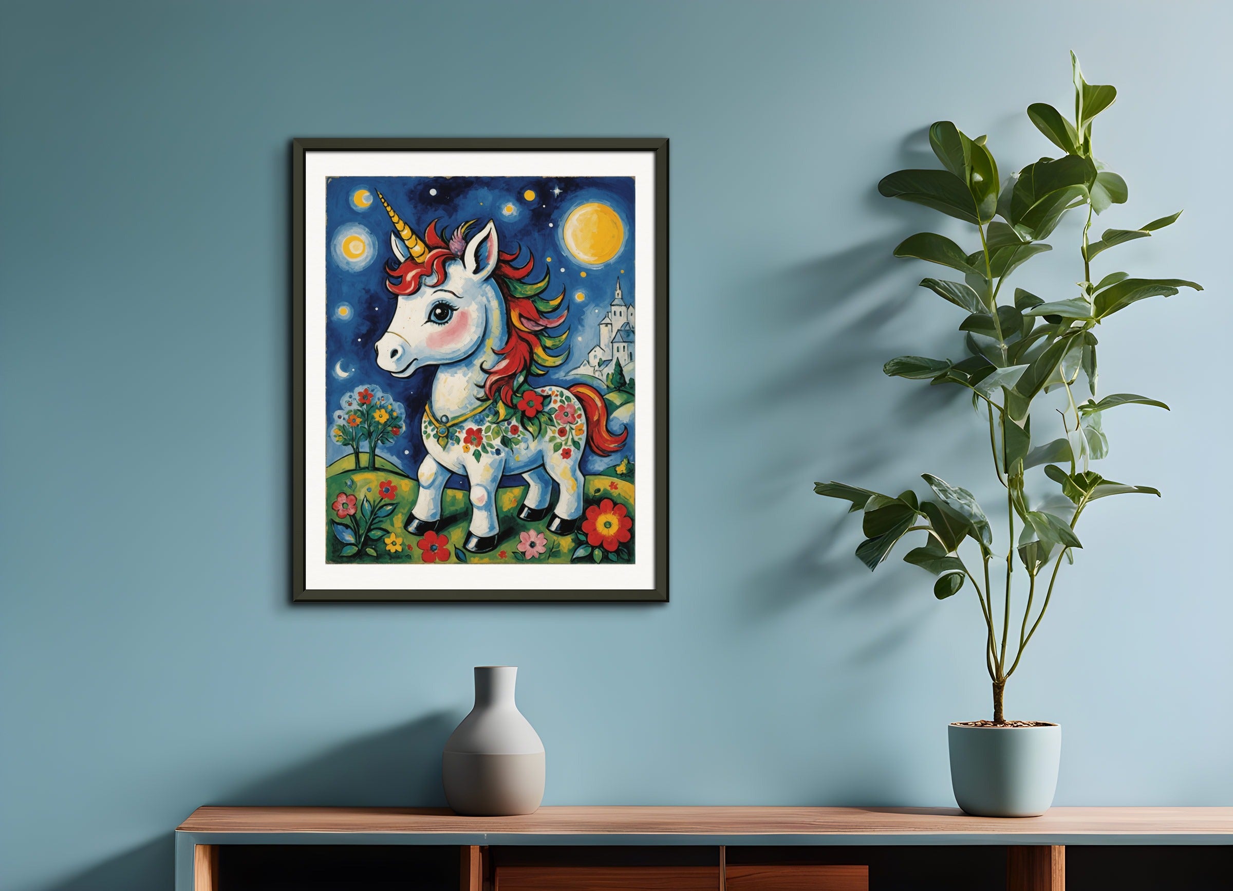 Poster with metal frame: Surrealism mixed with neo-primitivism, A baby cute unicorn