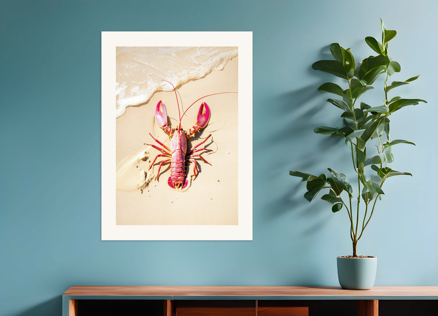 Poster: Pink crayfish on a beach, none