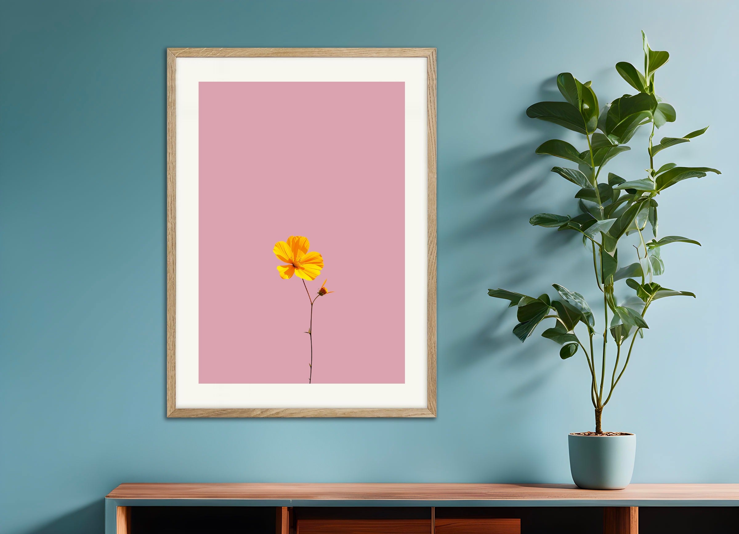 Poster with wood frame: Yellow flower on Le Corbusier's colors