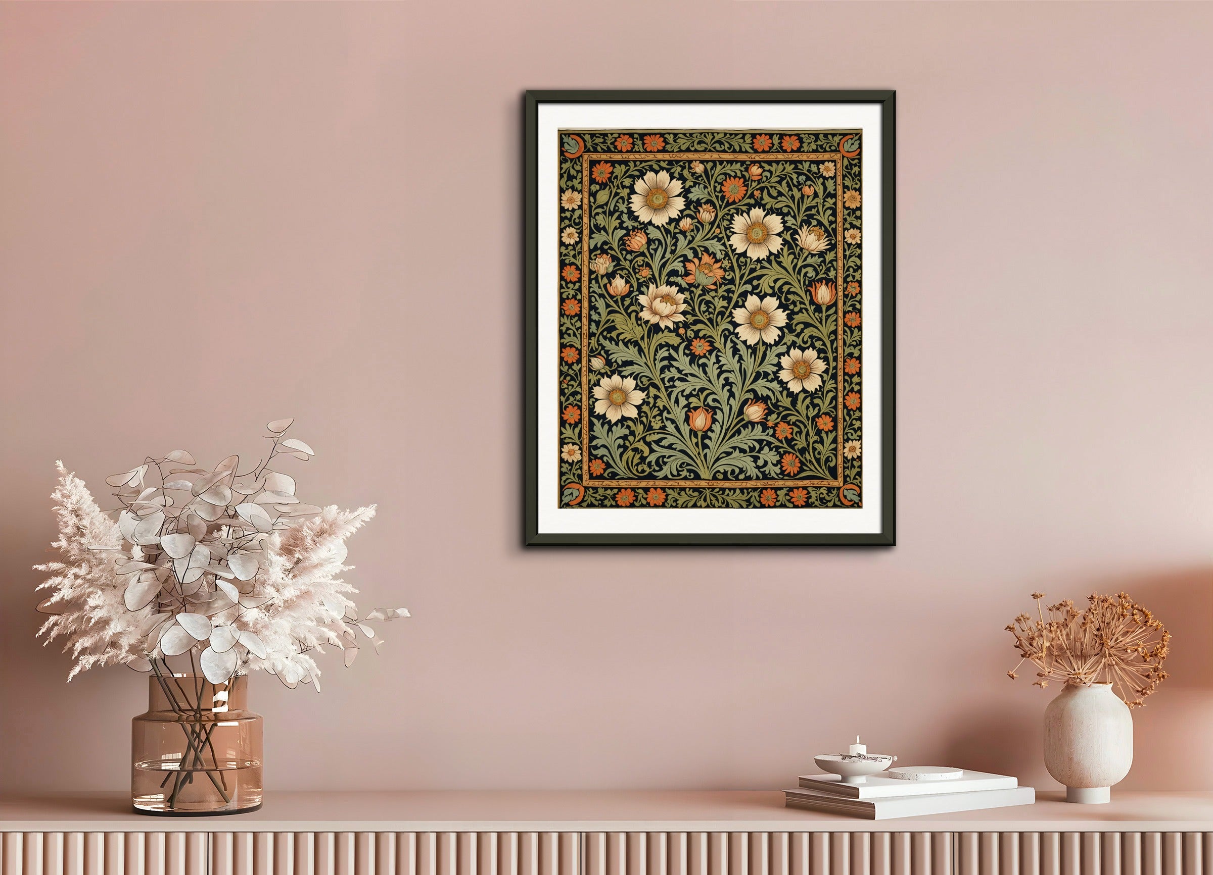 Poster with metal frame: Motifs, floral decoration of 19th century English crafts, tapestry