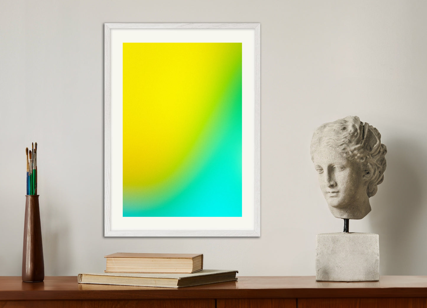 Poster with white wood frame: Positive energy, yellow and turquoise gradients