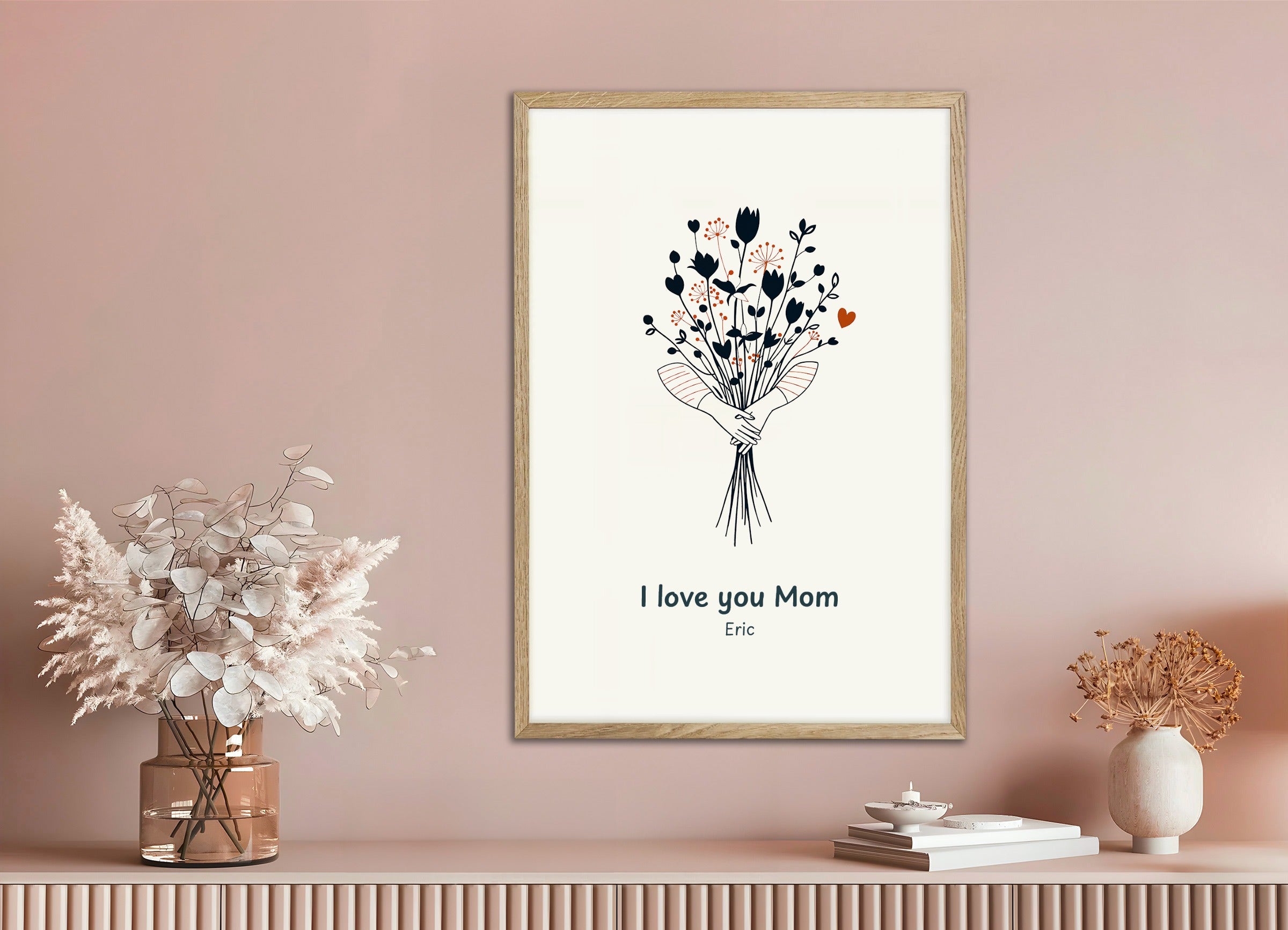 Poster with natural wood frame: Mom and Mother's Day poster, bouquet of flowers