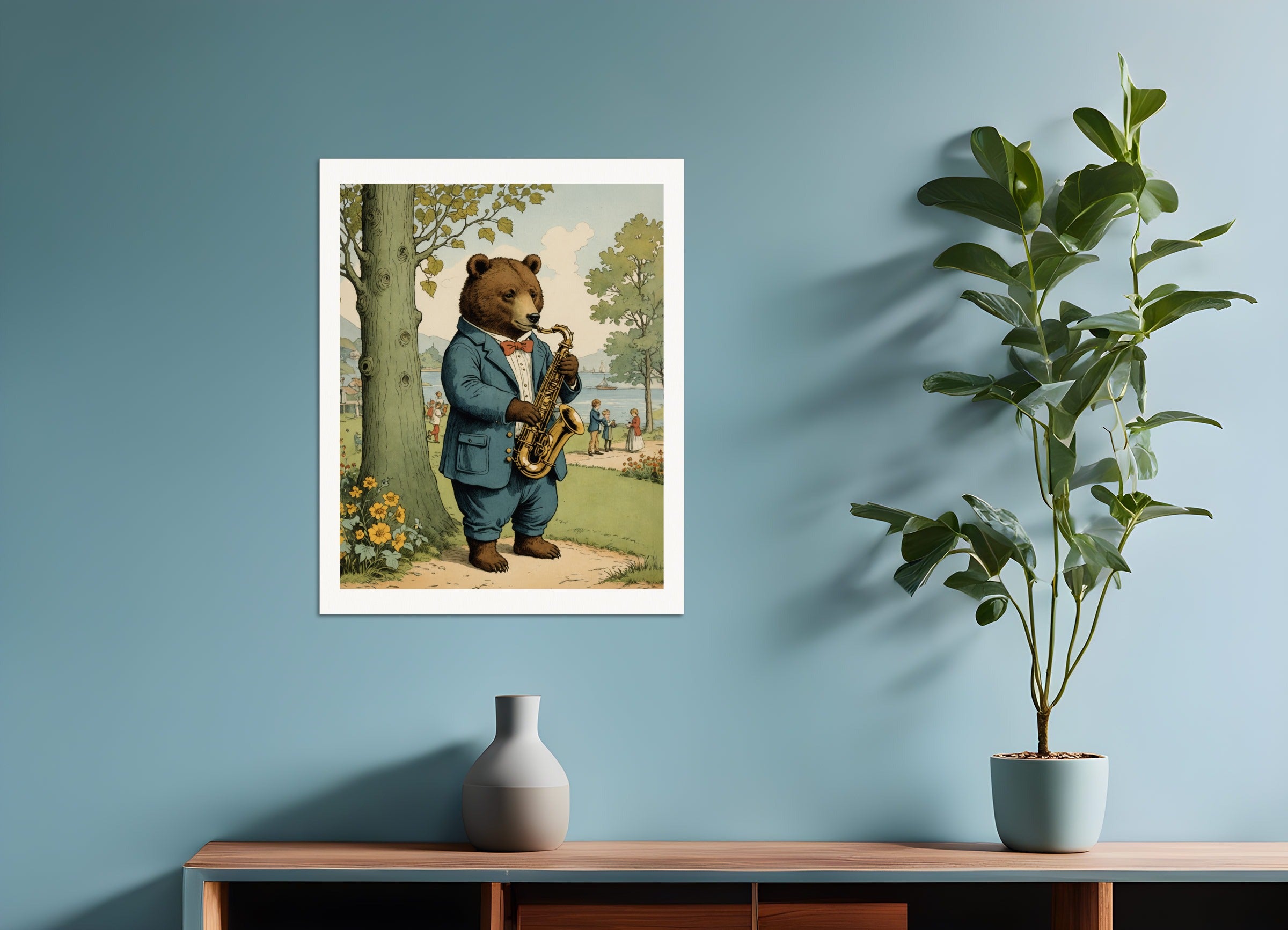 Poster: British illustrations, innocent and nostalgic childhood, a bear plays the saxophone