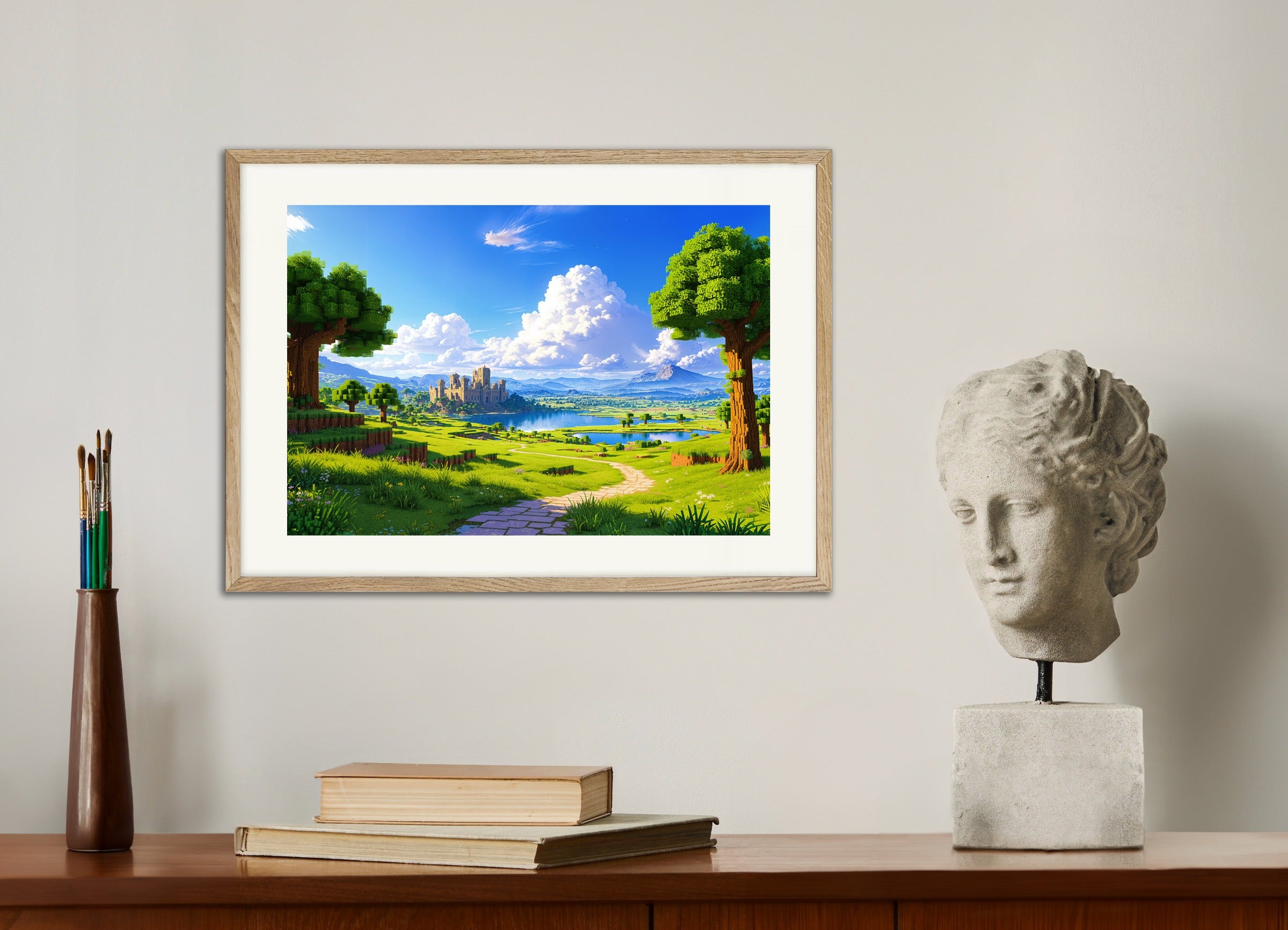 Poster with natural wood frame: Minecraft, castle and lake