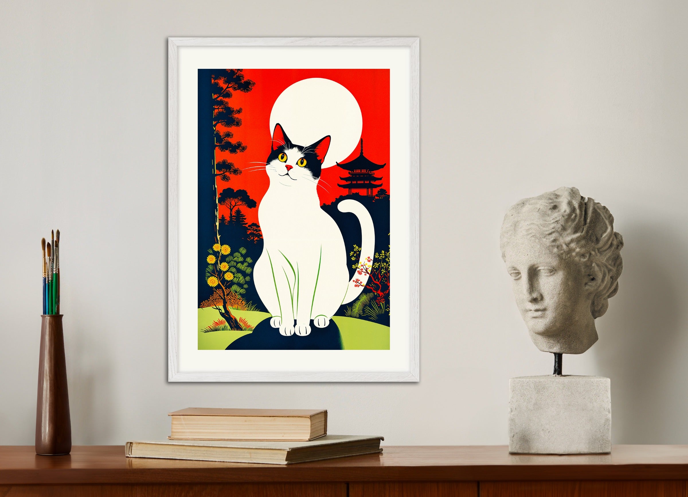 Poster with white wood frame: The Cat and the Moon