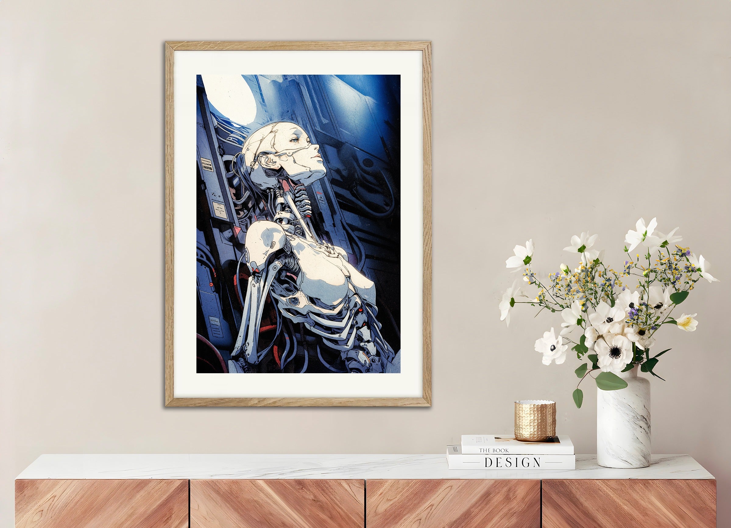 Poster with natural wood frame: Cyberpunk, female robot