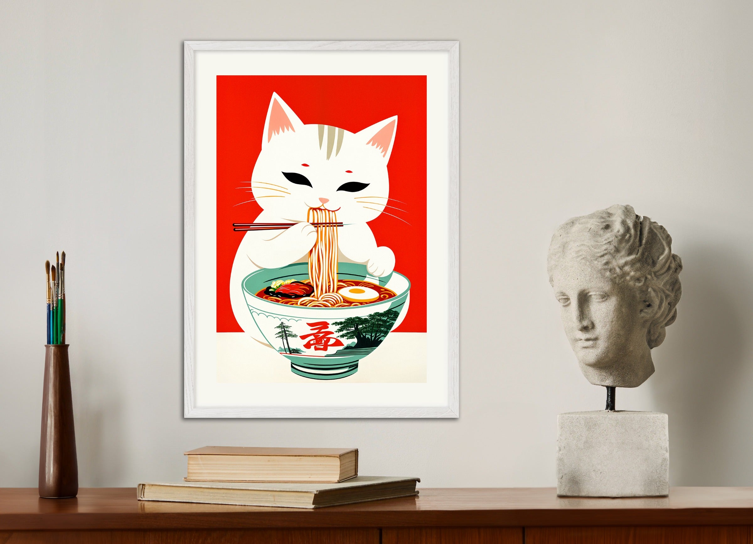 Poster with white wood frame: Ramen & Cat, Asian restaurant