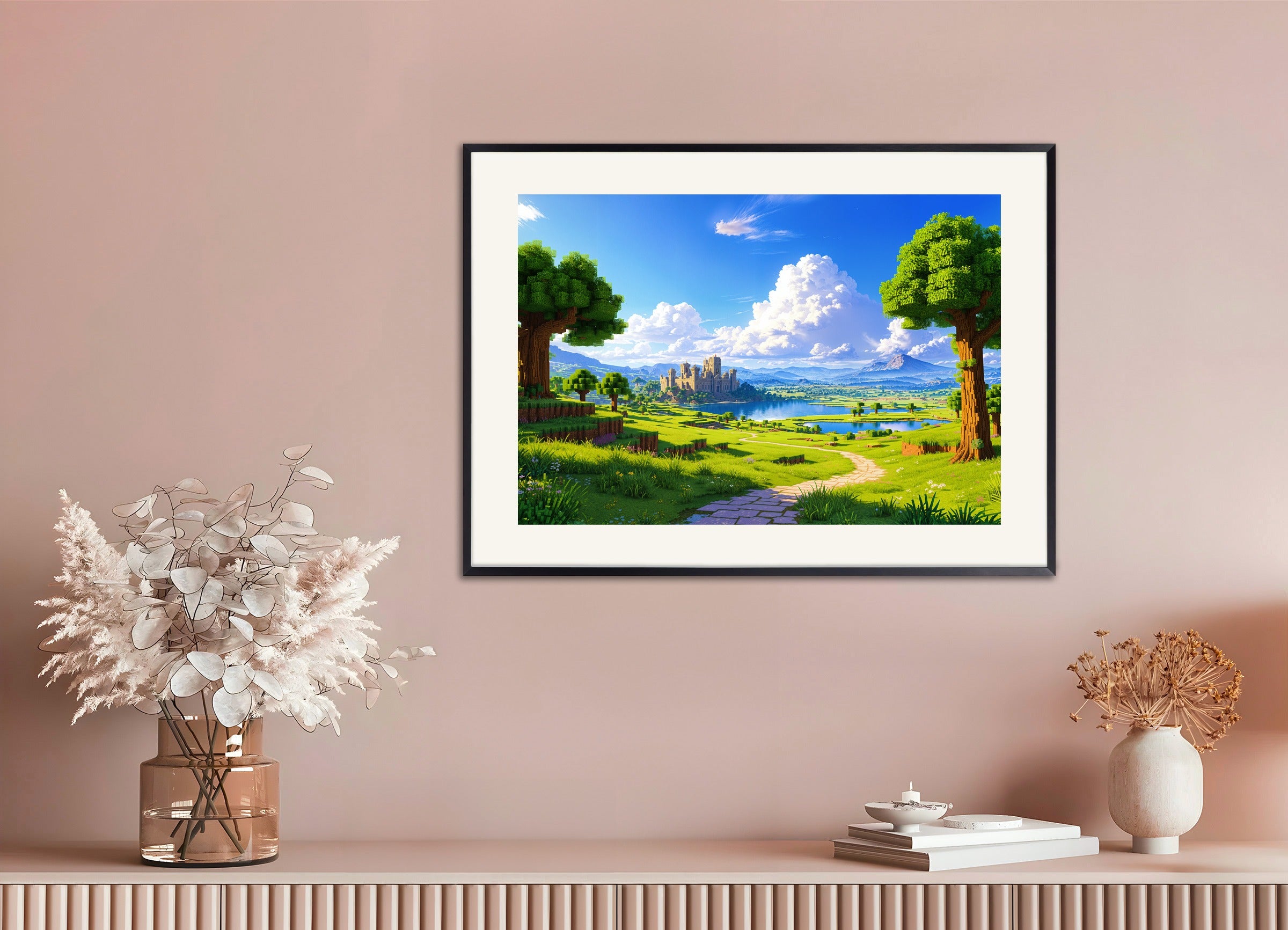 Poster with metal frame: Minecraft, castle and lake