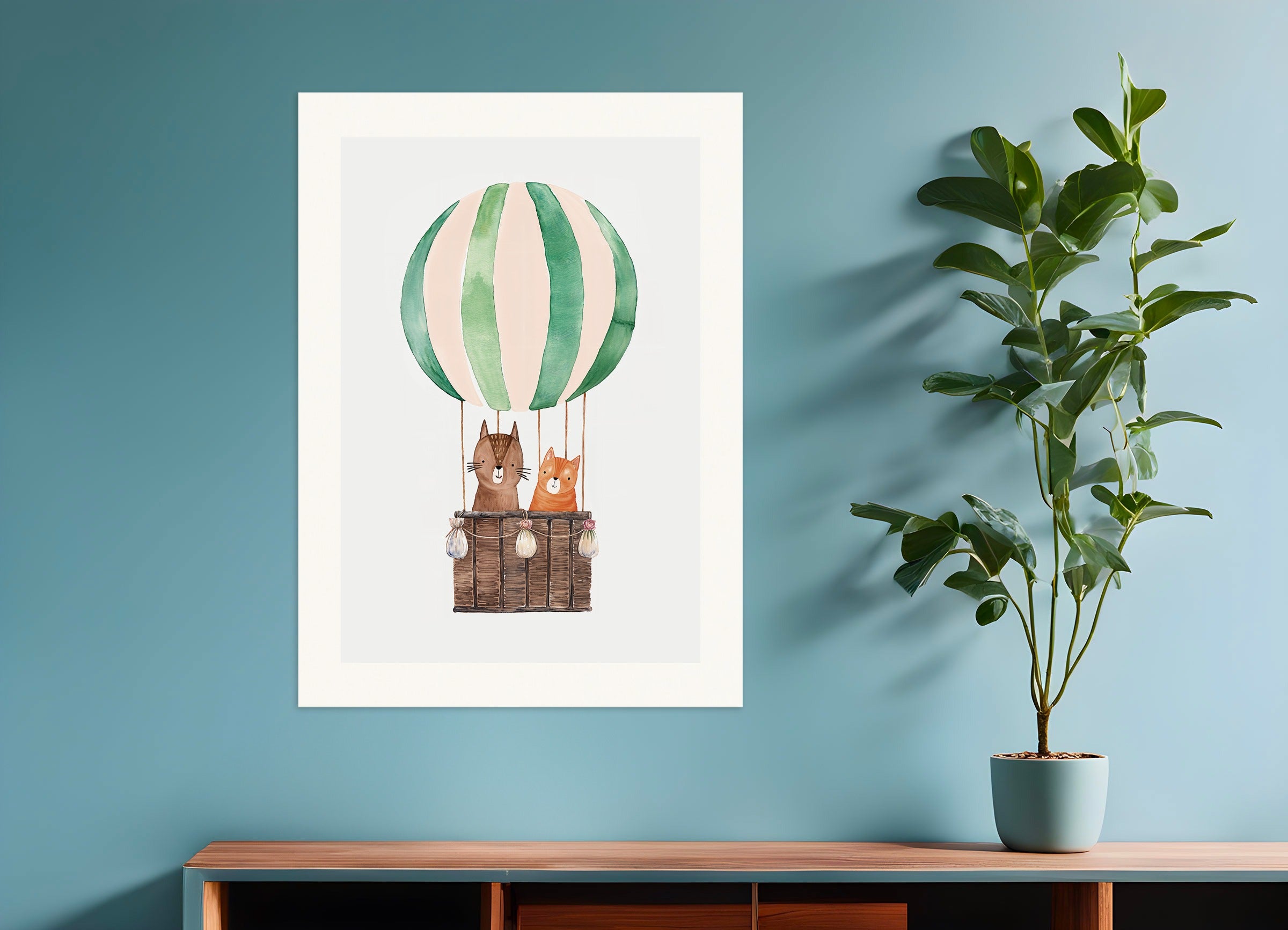 Poster: Two cats travel in a hot air balloon, none