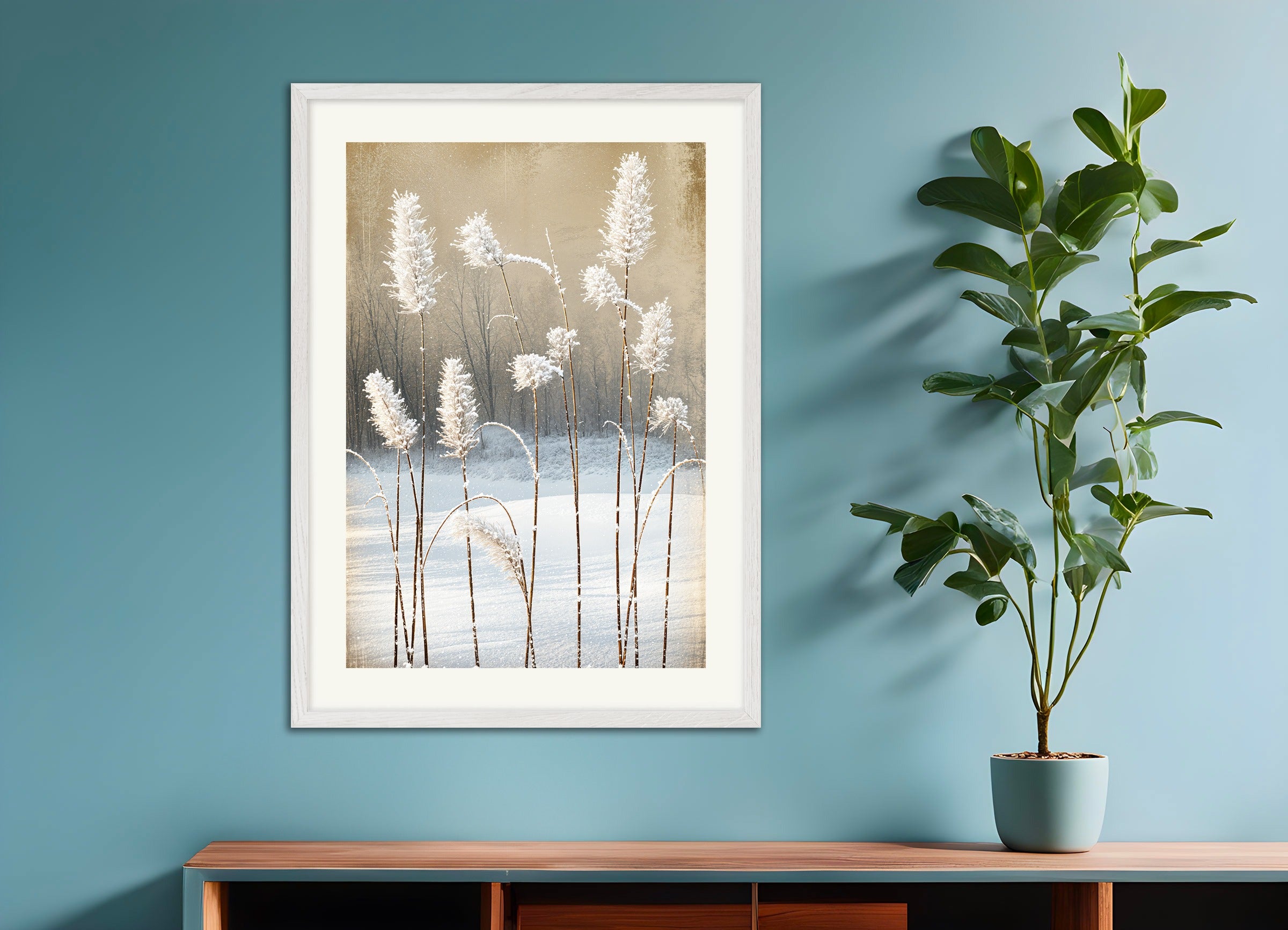 Poster with white wood frame: Snow frosted straws