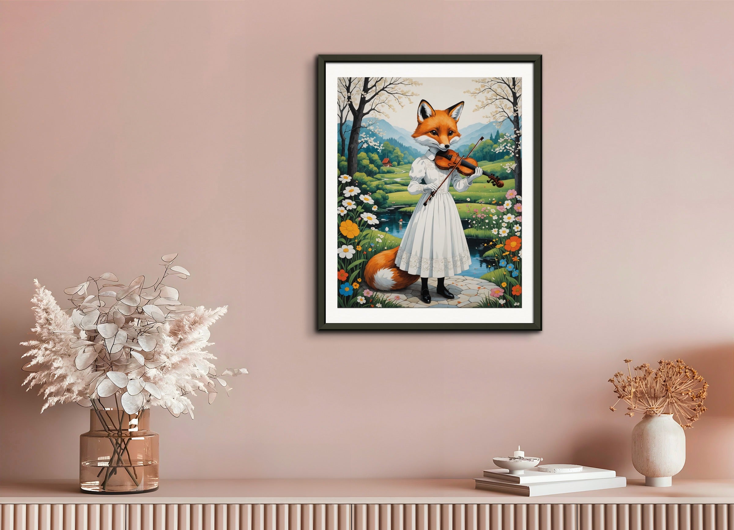 Poster with metal frame: Contemporary Japanese kawaii artist, fox in a white dress plays the violin