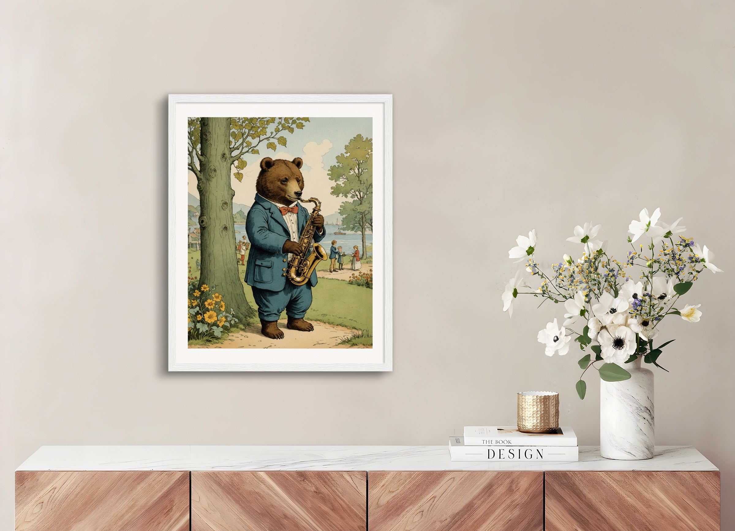 Poster with wood frame: British illustrations, innocent and nostalgic childhood, a bear plays the saxophone