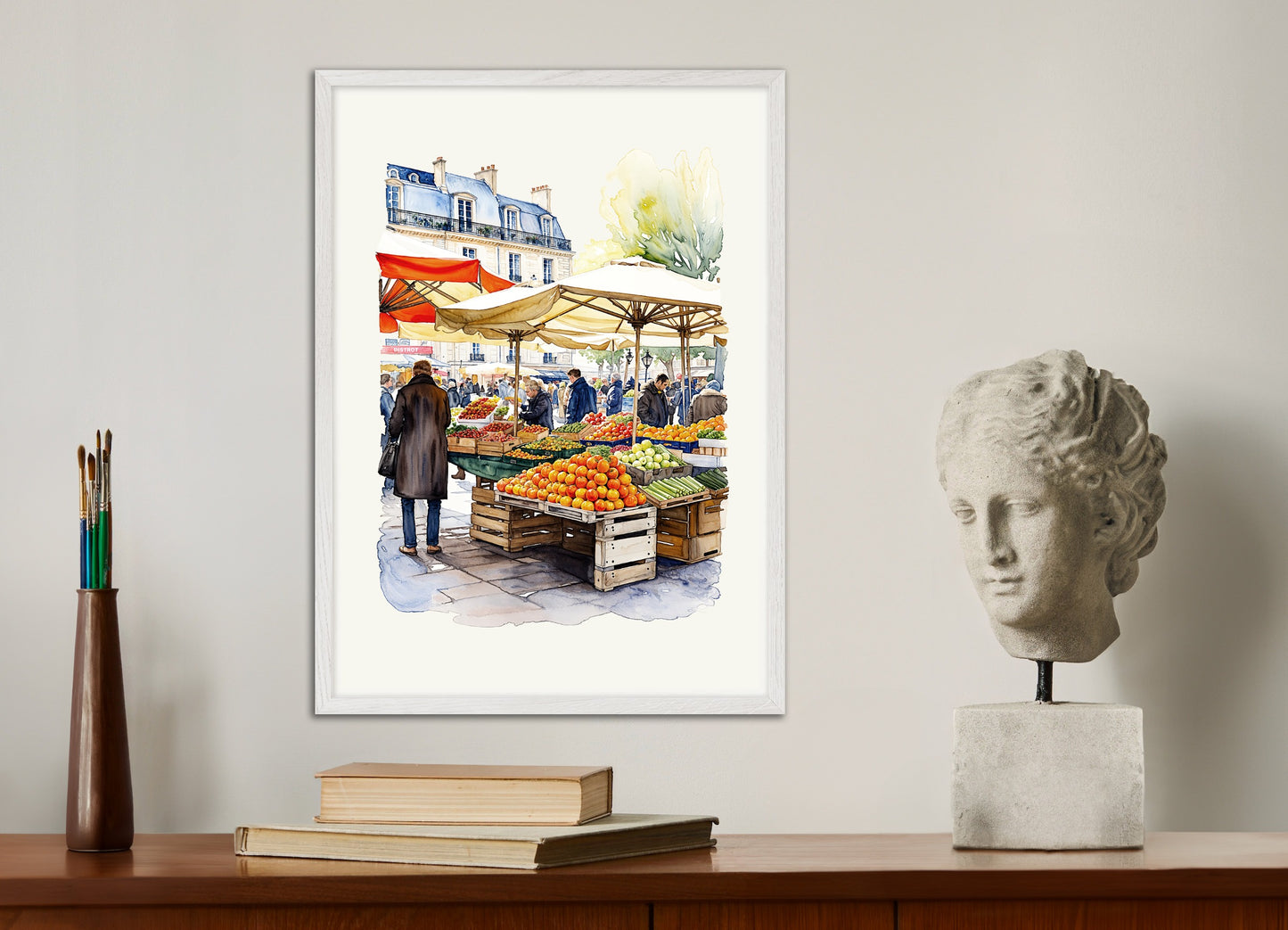 Poster with white wood frame: Parisian market, watercolor