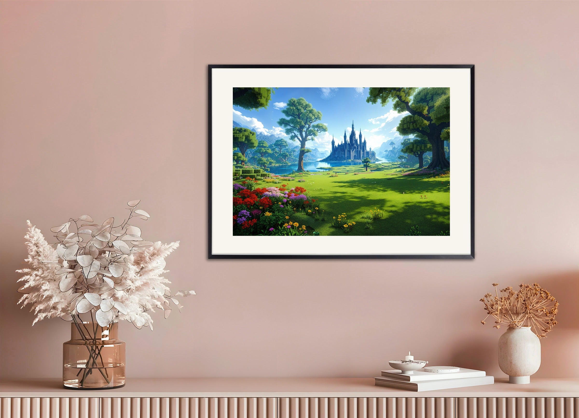 Poster with metal frame: Minecraft castle, beautiful landscape