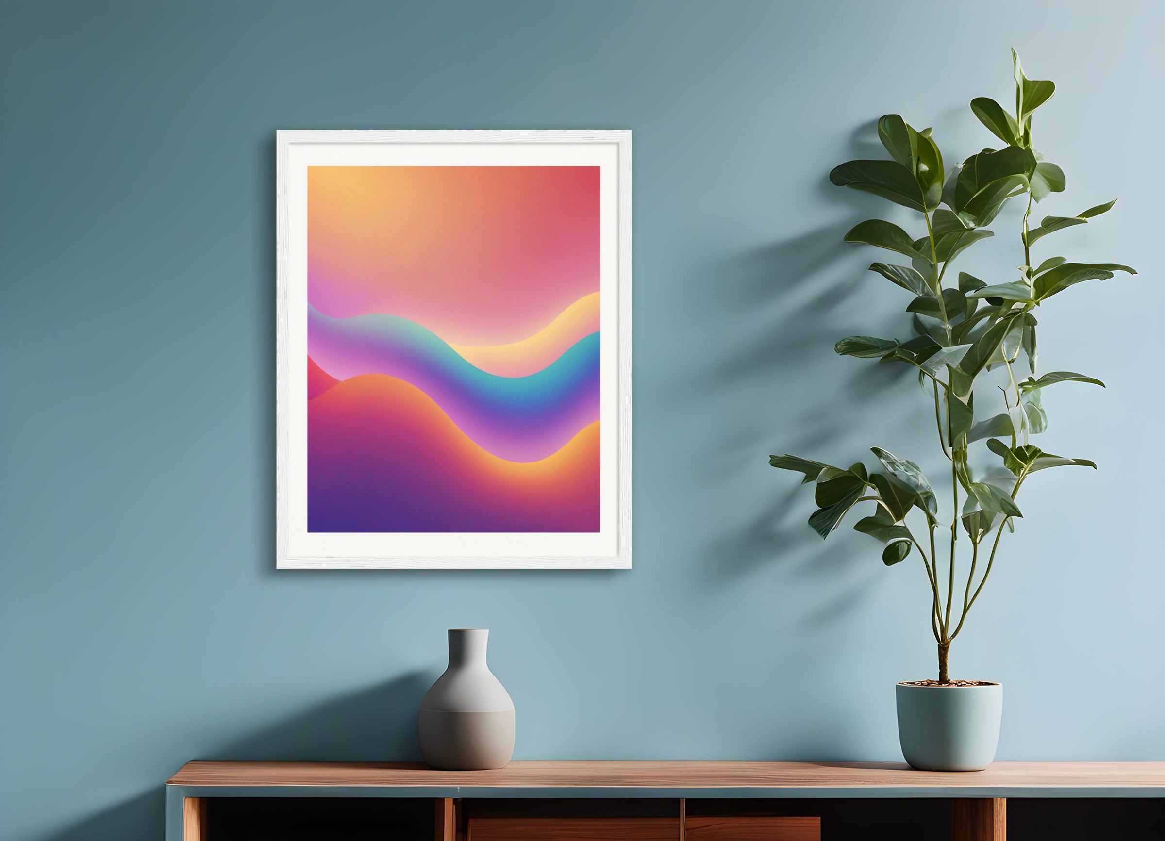 Poster with wood frame: Abstract gradient with a soft, blurred effect, and colors blending seamlessly., Minimalistic and calming, with a warm, glowing ambiance.