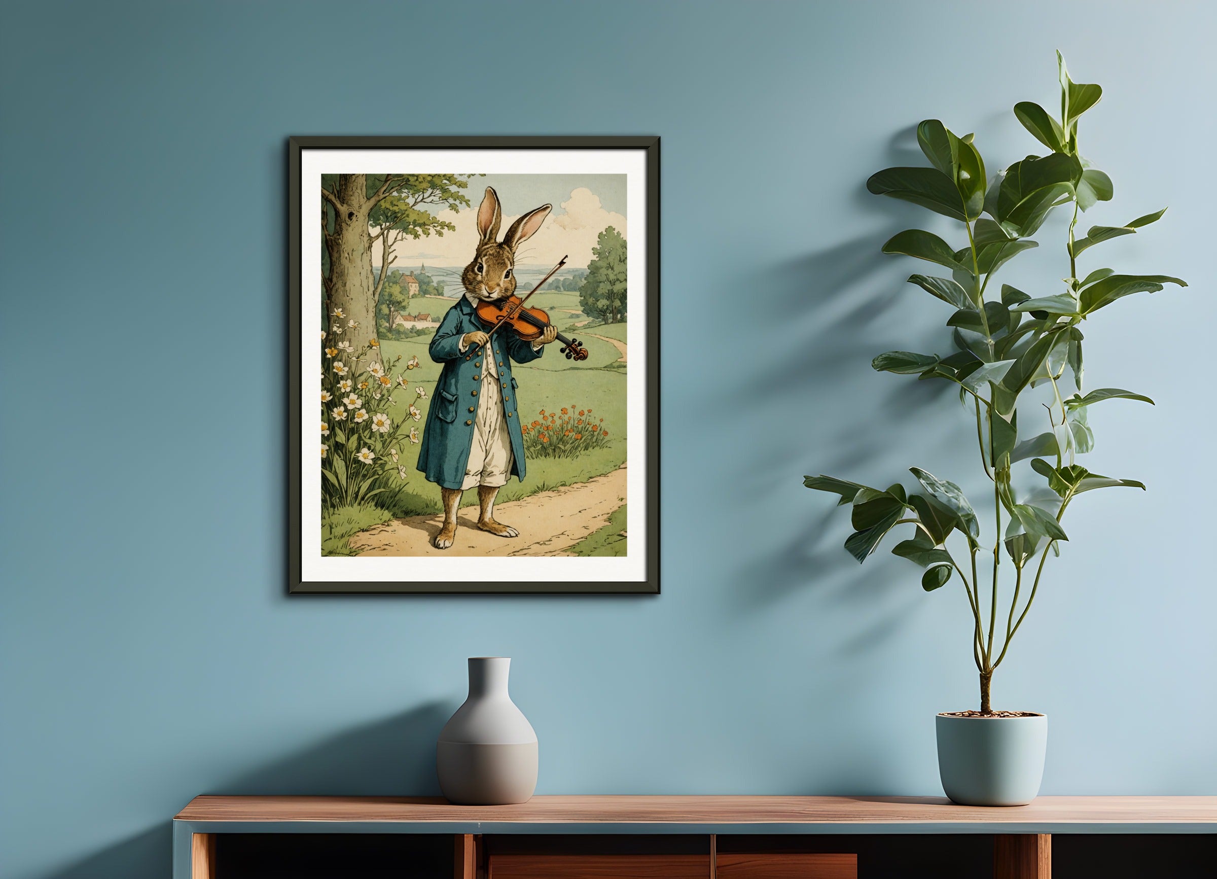 Poster with metal frame: British illustrations, innocent and nostalgic childhood, rabbit playing the violin