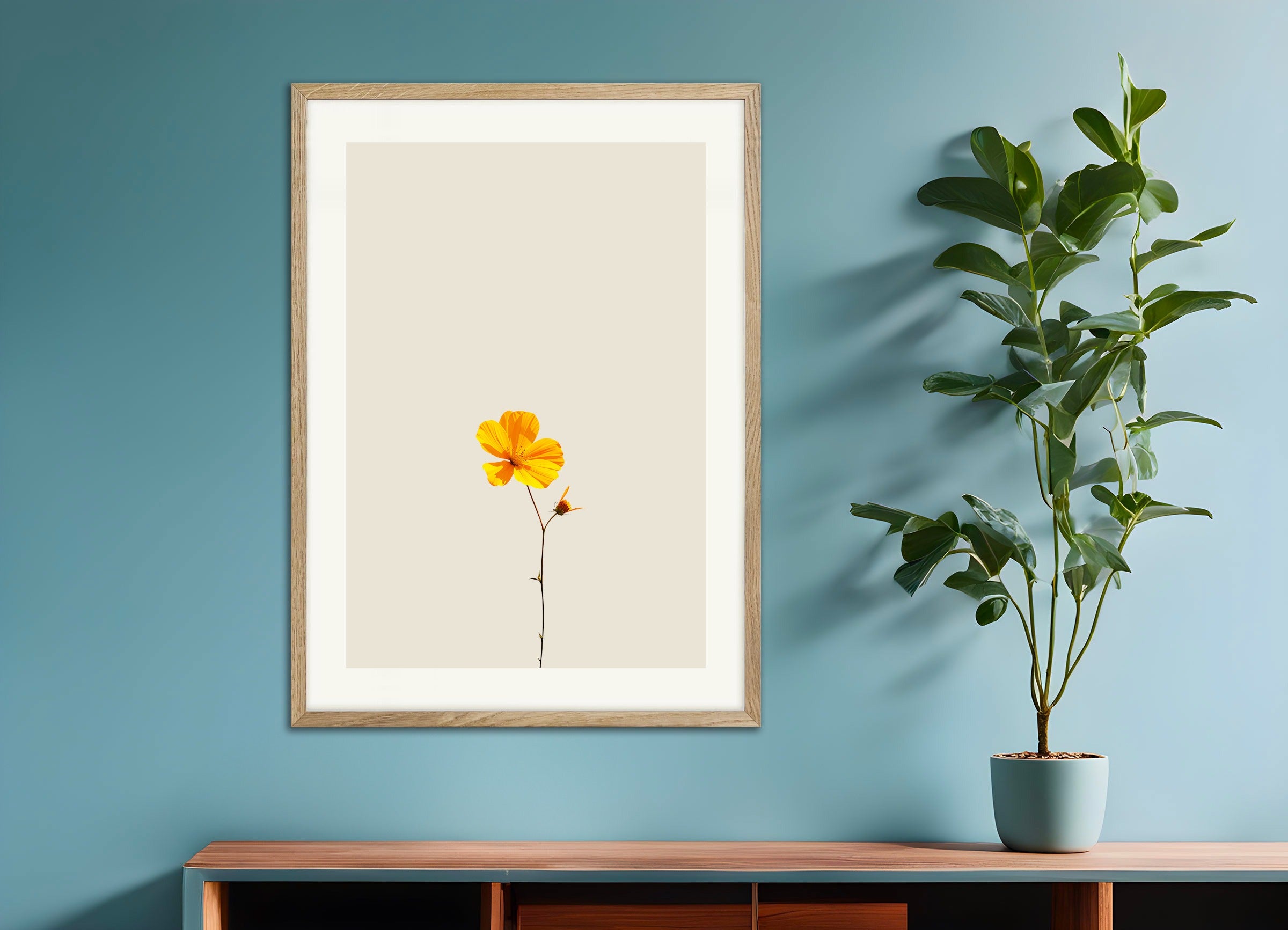 Poster with natural wood frame: Yellow flower on Le Corbusier's colors