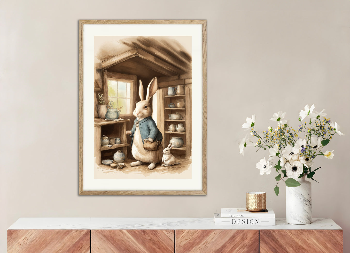 Poster with natural wood frame: The Tale of Peter Rabbit, tribute to Beatrix Potter 02