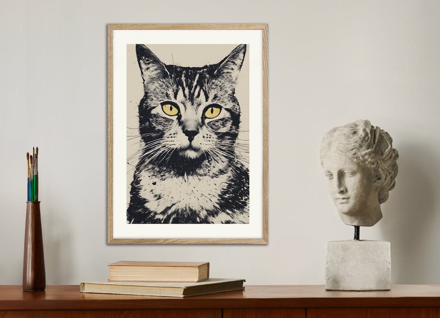 Poster with natural wood frame: Cat portrait