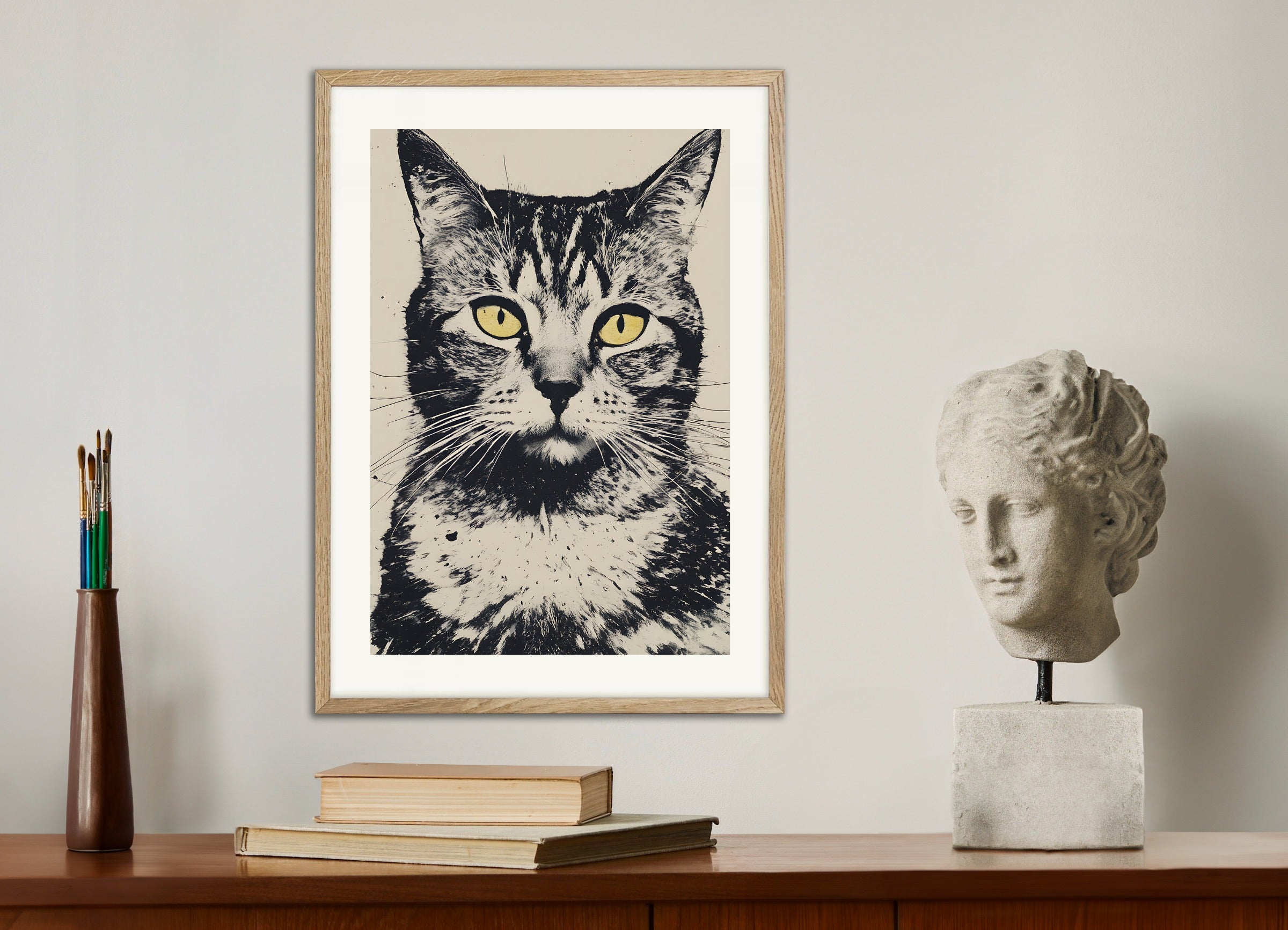 Poster with natural wood frame: Cat portrait