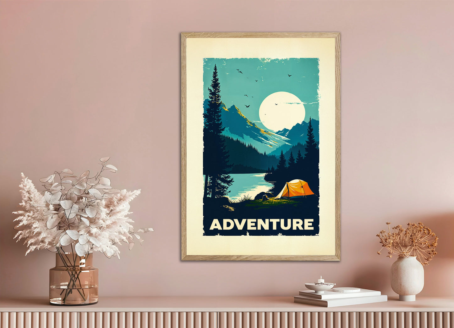 Poster with natural wood frame: Vintage style nature poster, camping and adventure