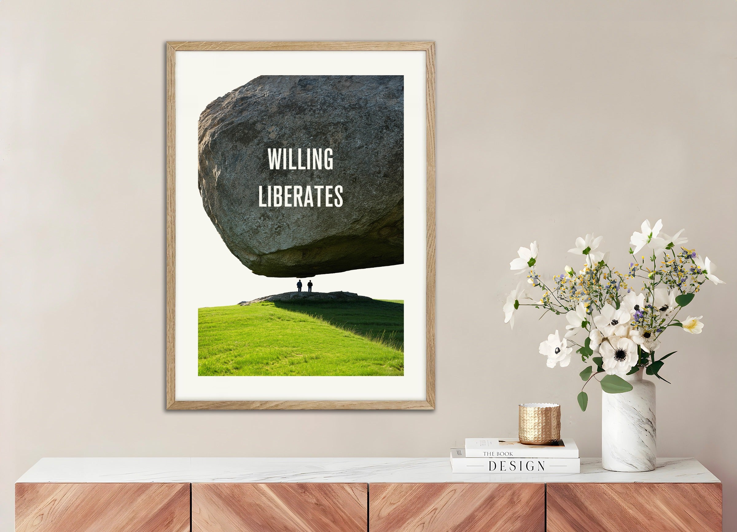 Poster with natural wood frame: Willing liberates, Nietzsche