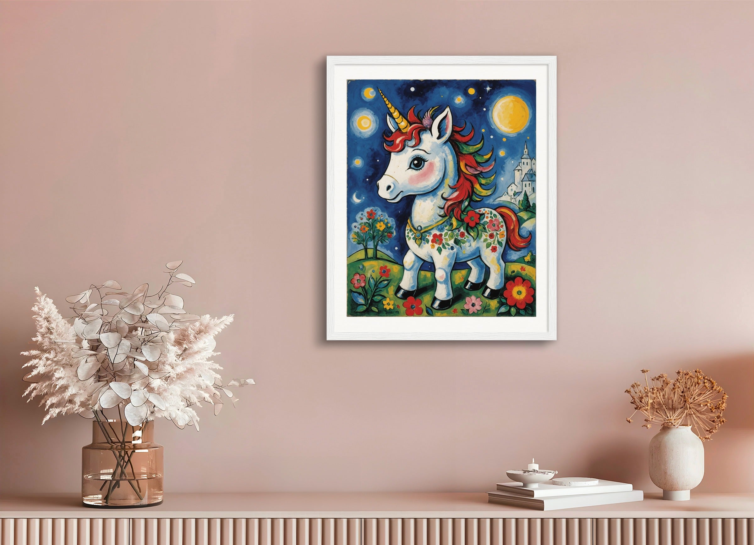 Poster with wood frame: Surrealism mixed with neo-primitivism, A baby cute unicorn