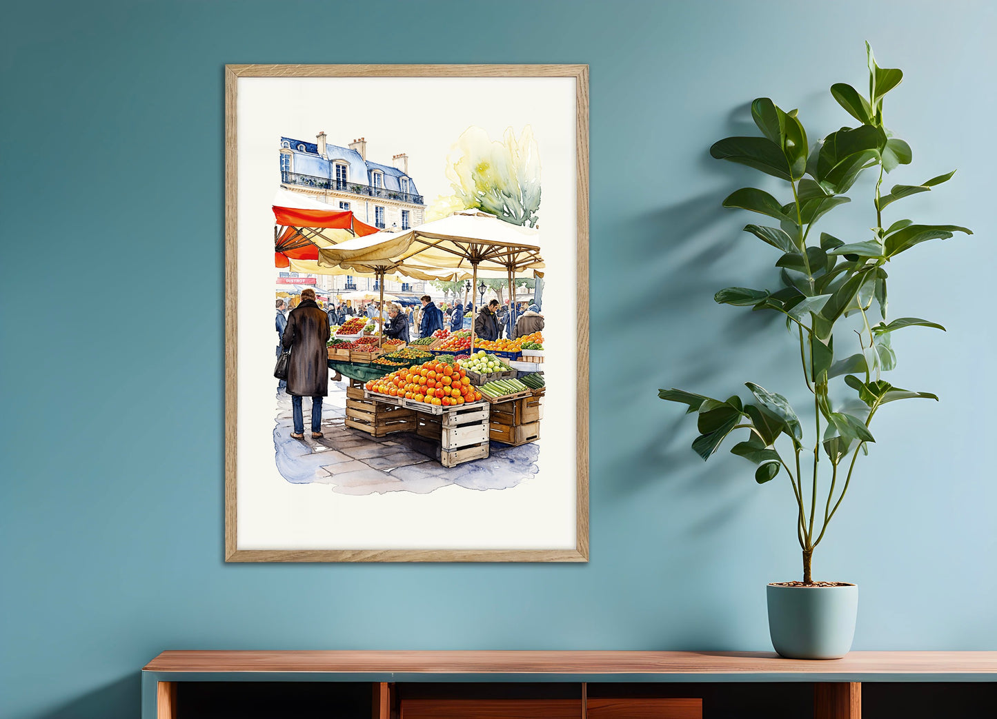 Poster with natural wood frame: Parisian market, watercolor