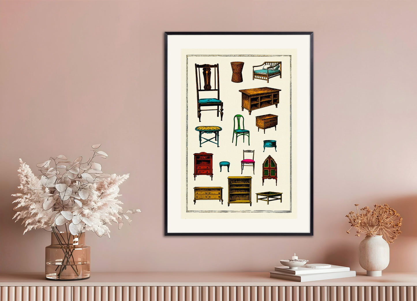 Poster with metal frame: Flea market poster, furniture and objects