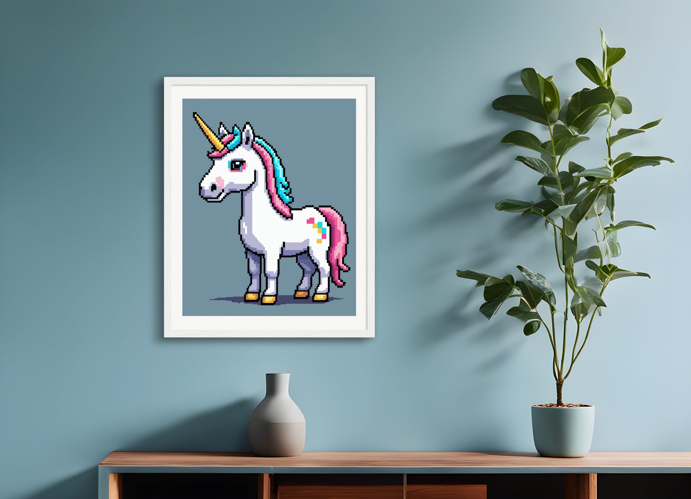 Poster with wood frame: Pixel Art, Unicorn