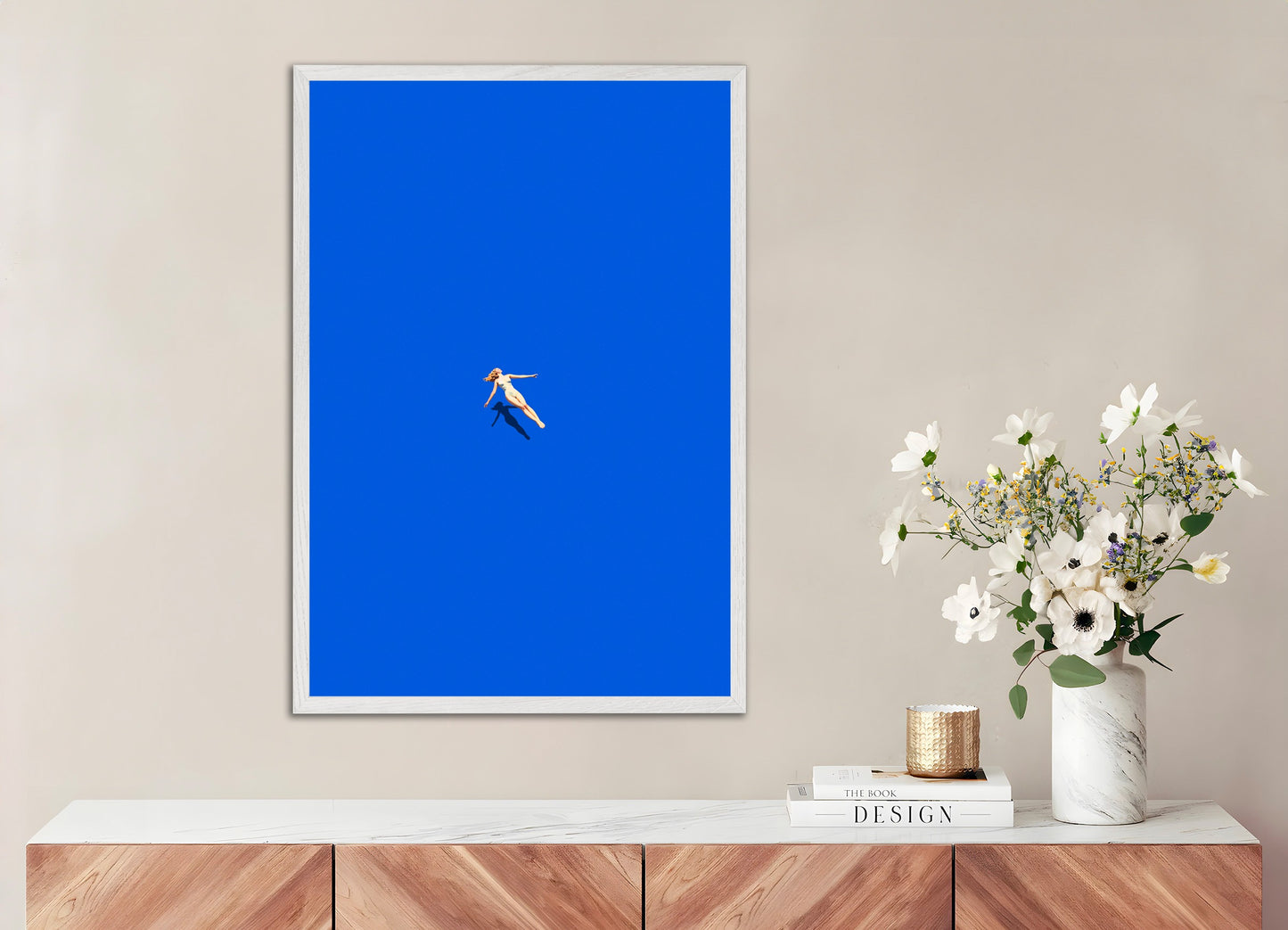 Poster with white wood frame: Woman floating on water, SPA poster