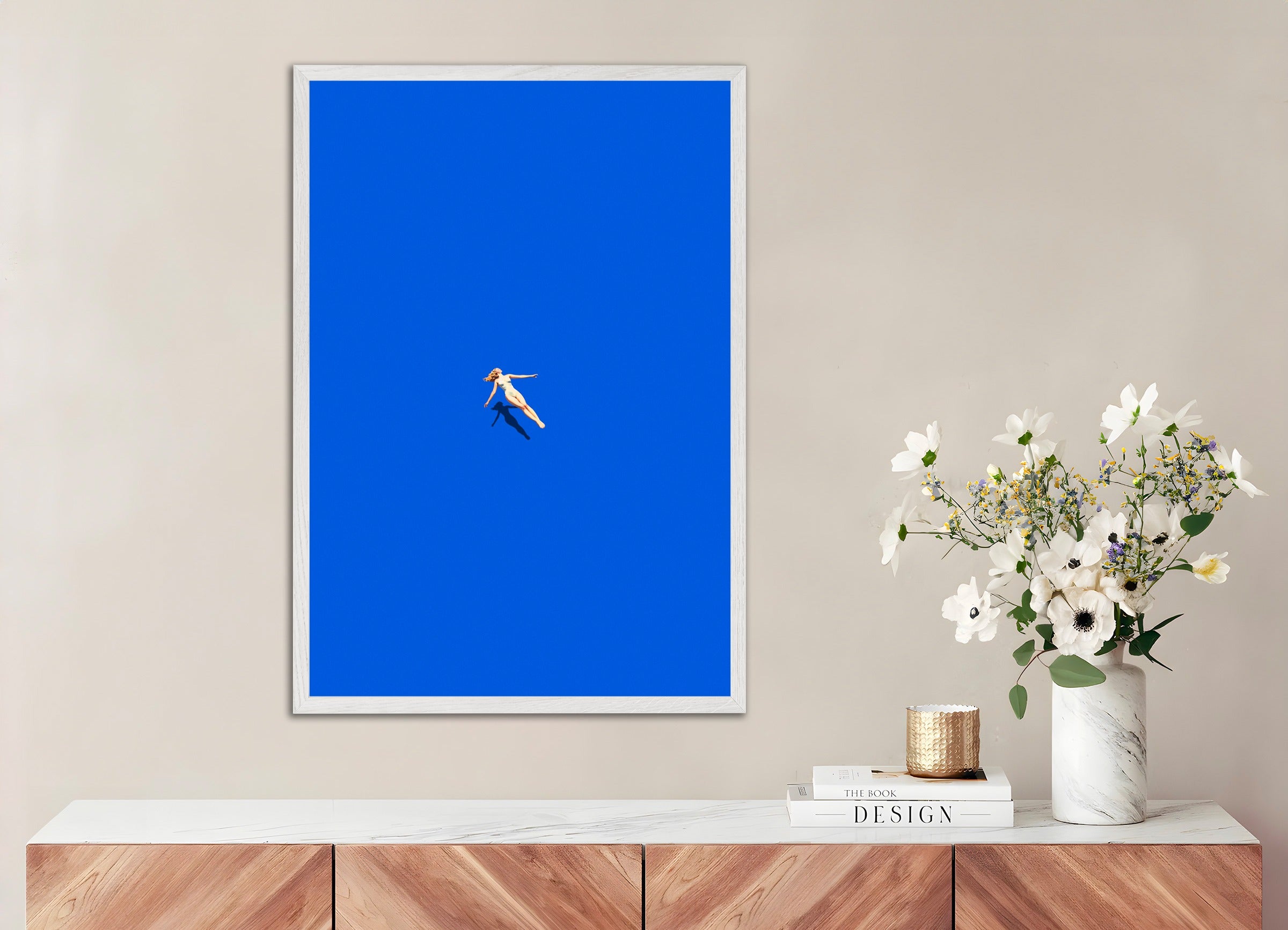 Poster with white wood frame: Woman floating on water, SPA poster