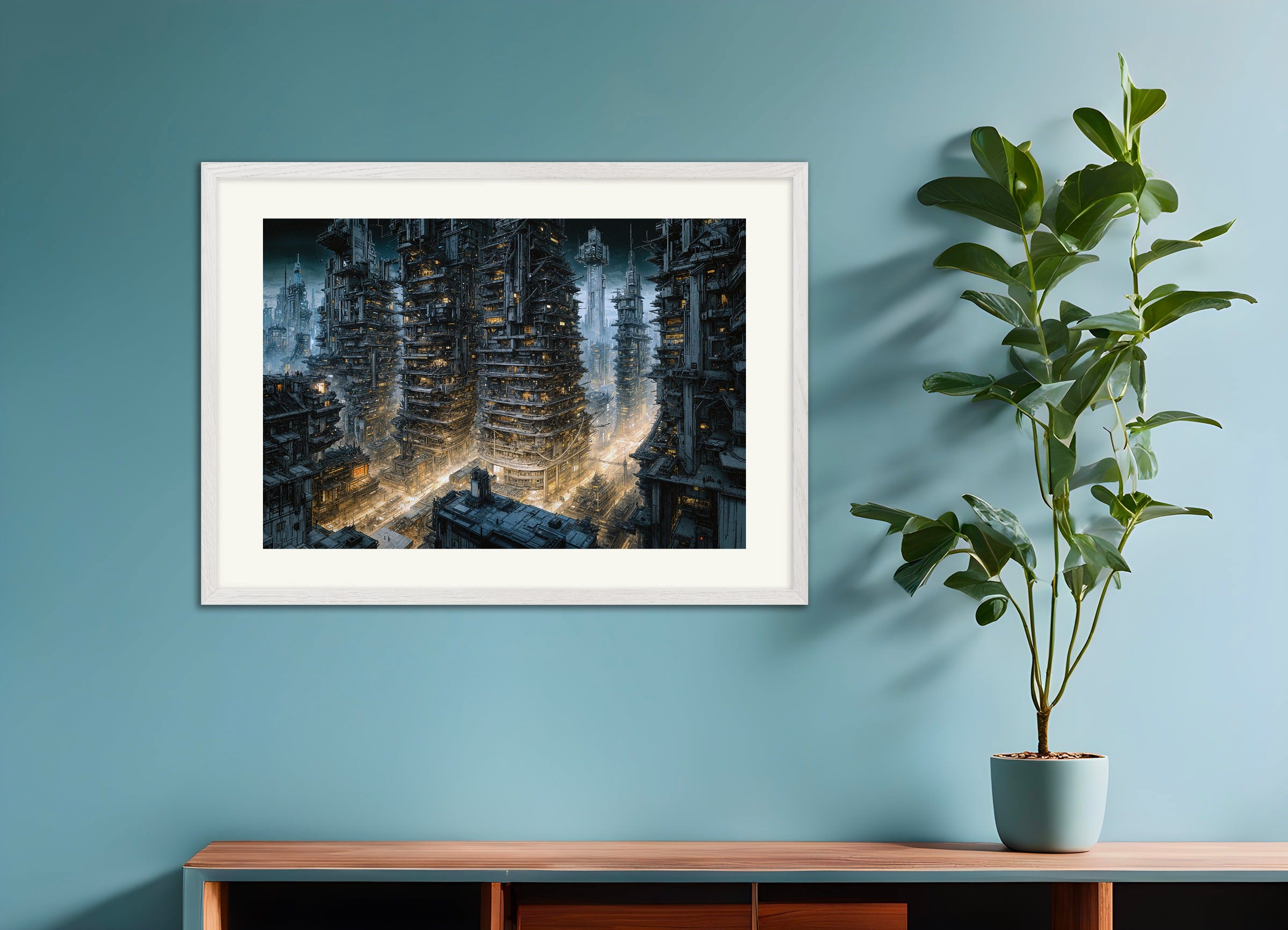 Poster with white wood frame: Cybernetic city at night, science-fiction