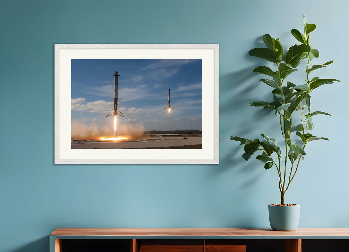 Poster with white wood frame: SpaceX, two rockets landing