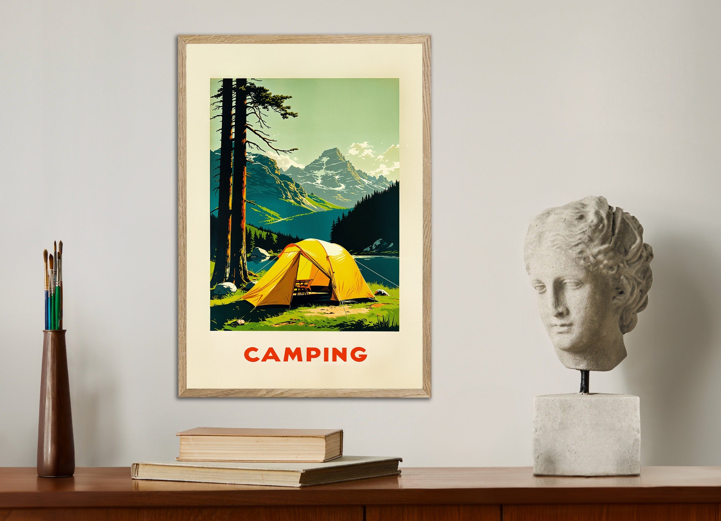 Poster with natural wood frame: Vintage camping, mountain and nature poster