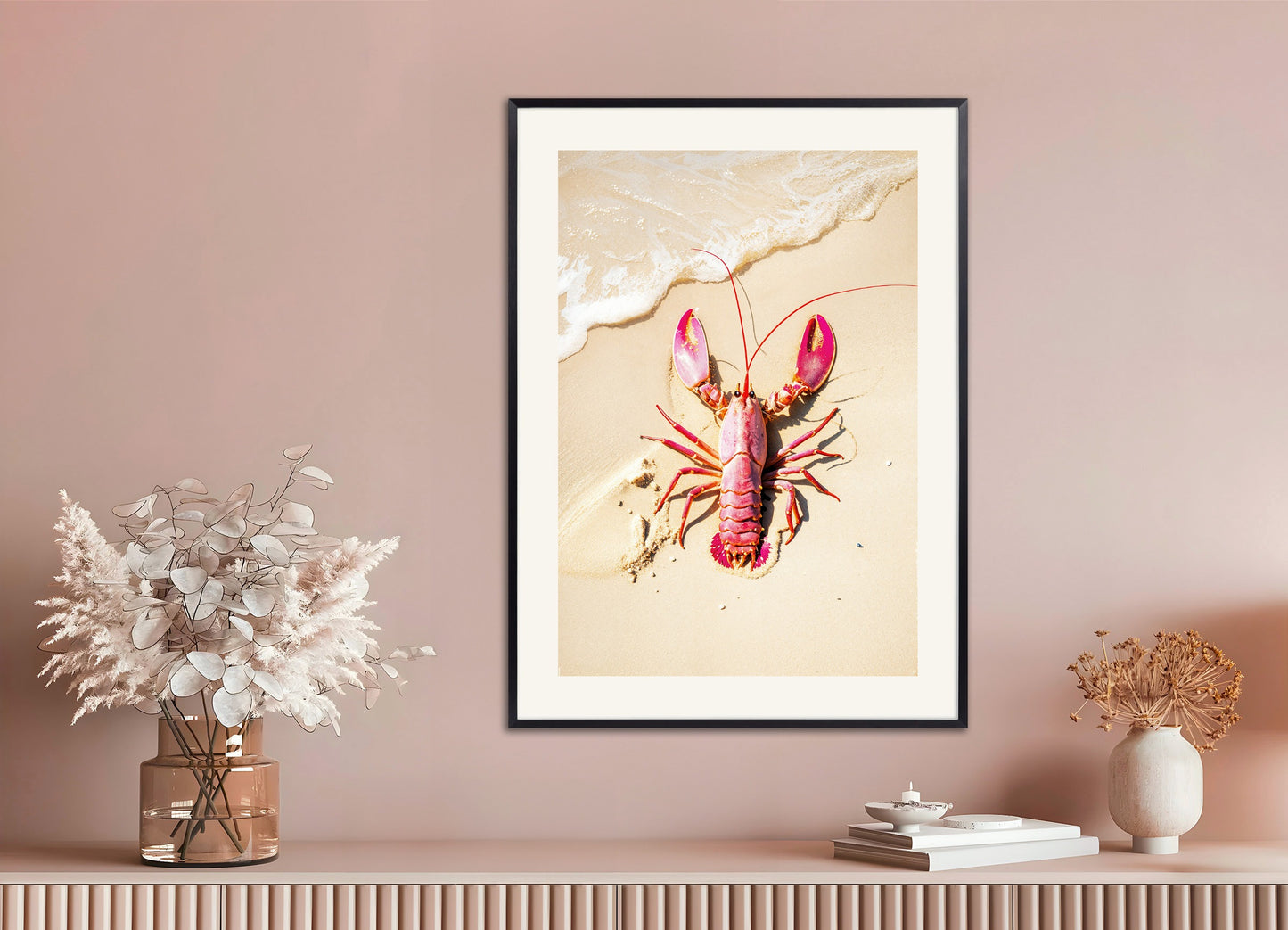 Poster with metal frame: Pink crayfish on a beach