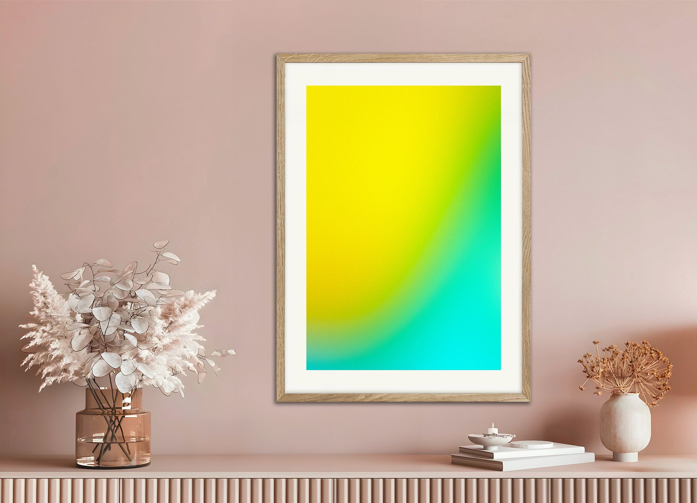 Poster with natural wood frame: Positive energy, yellow and turquoise gradients