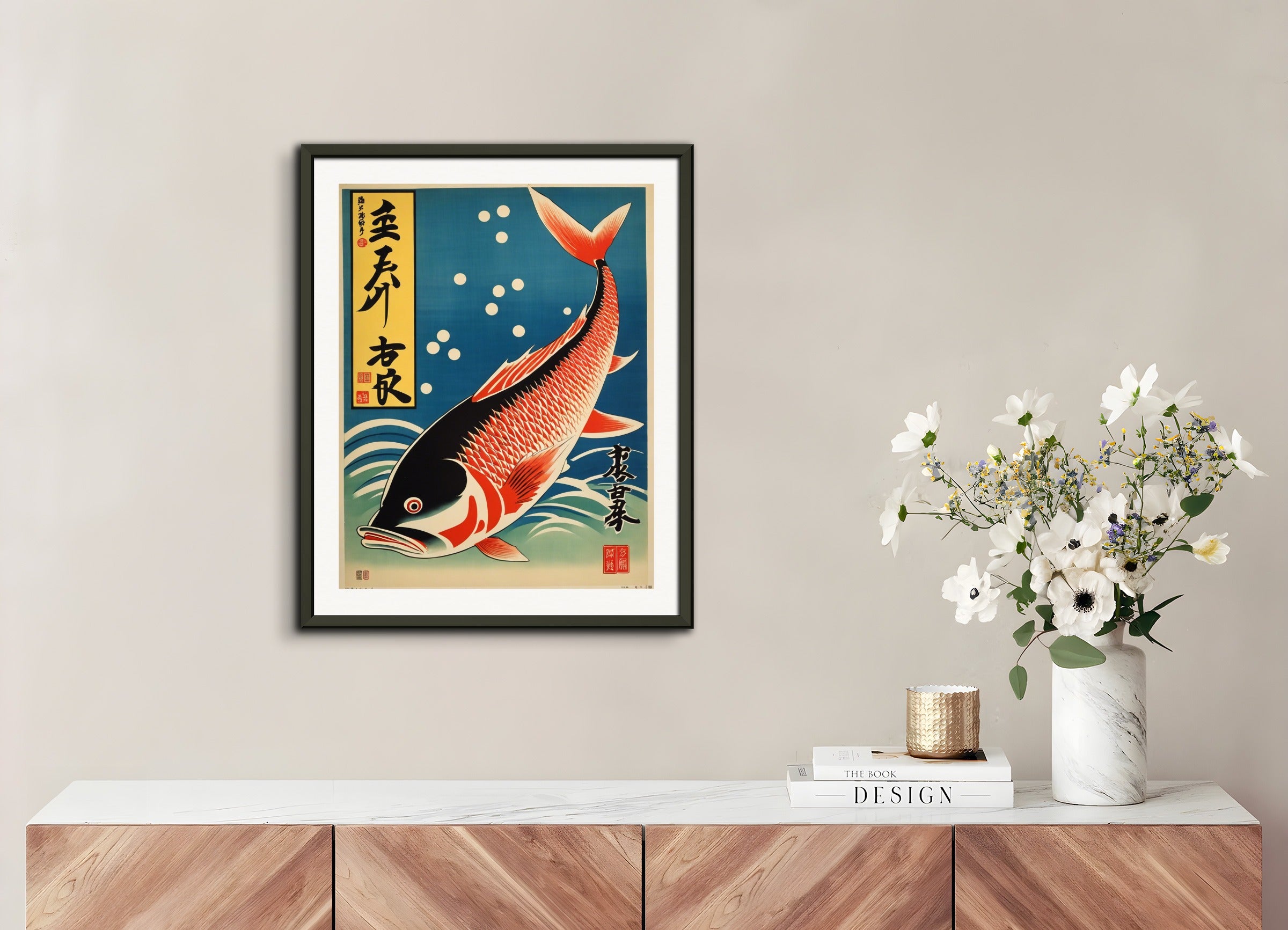 Poster with metal frame: Japanese vintage poster, Fish