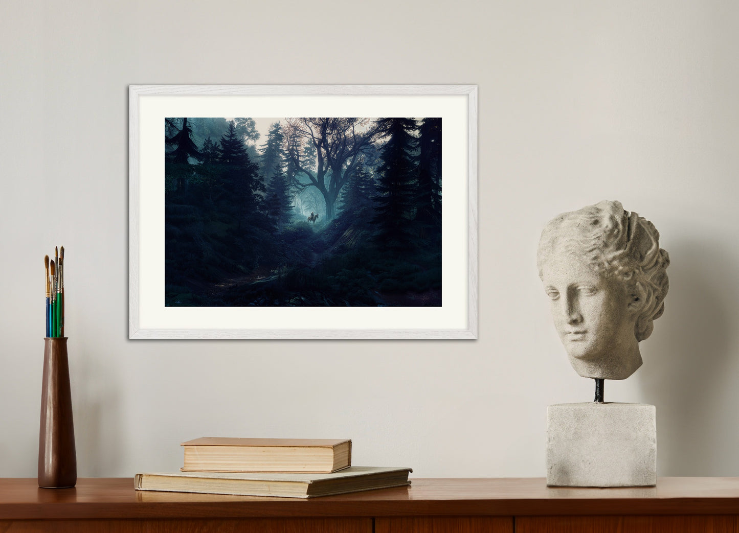 Poster with white wood frame: The Witcher, dark forest, fan art