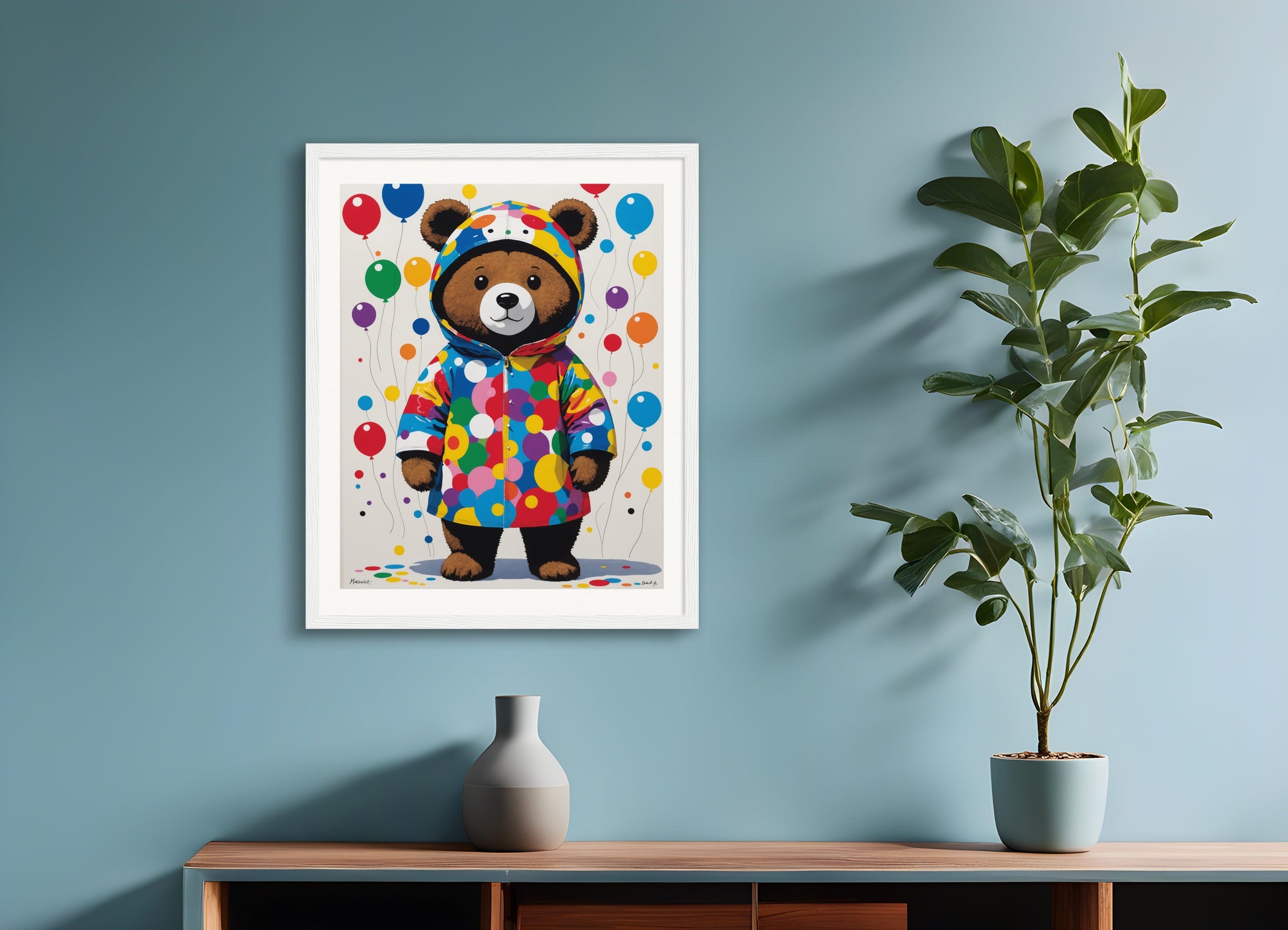 Poster with wood frame: Contemporary Japanese kawaii artist, bear in costume plays