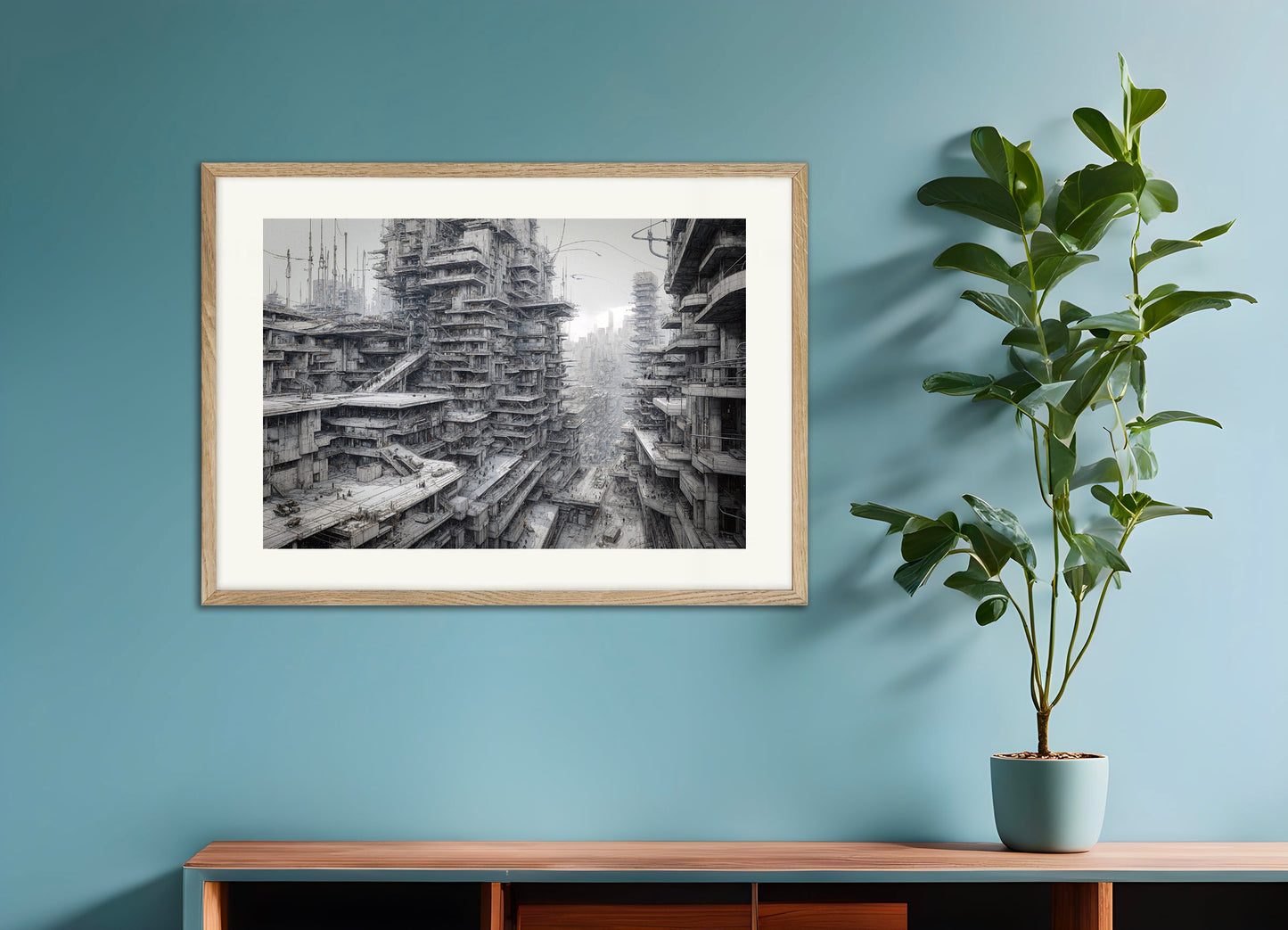 Poster with natural wood frame: Cybernetic city