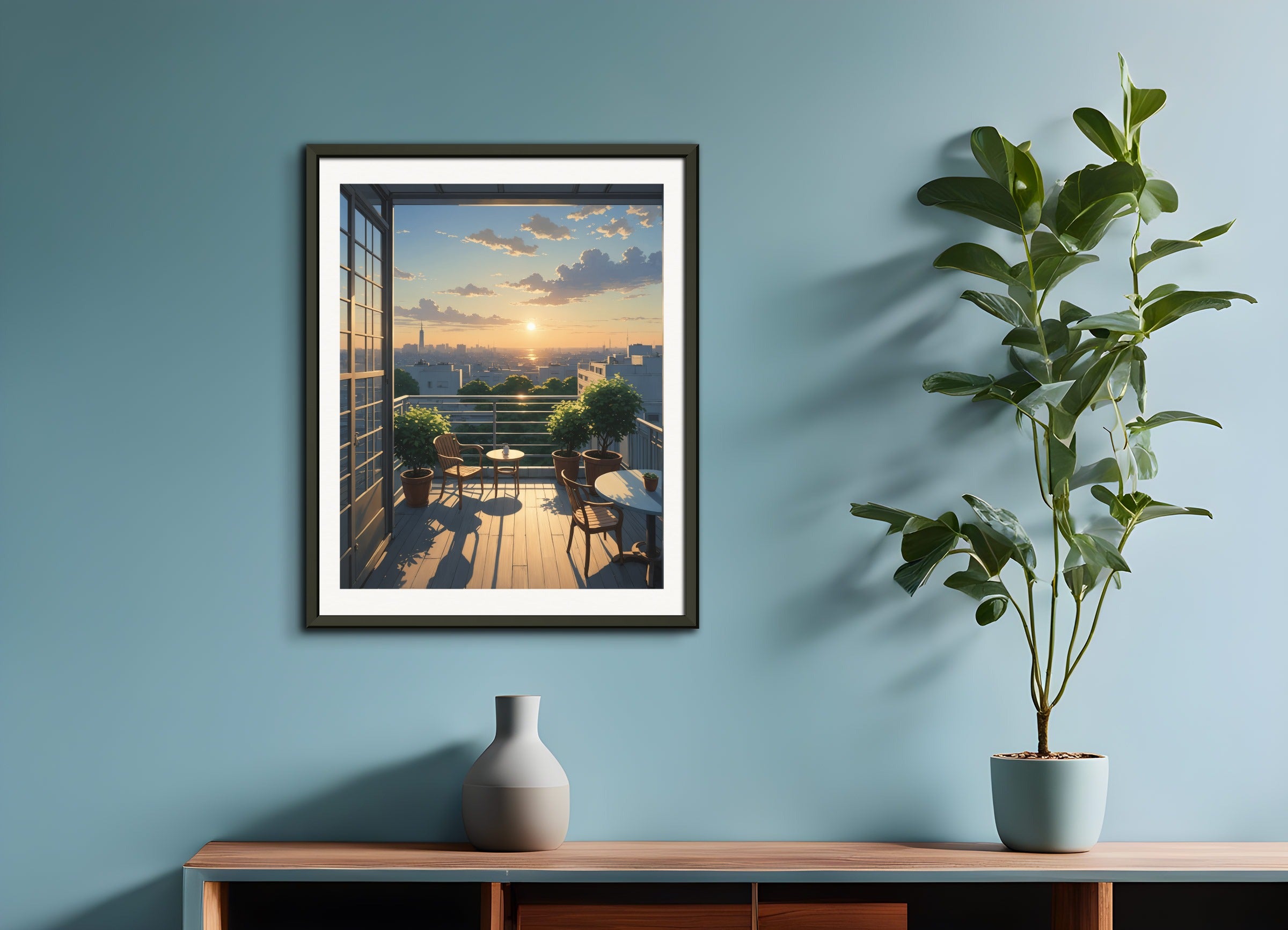 Poster with metal frame: Japanese contemporary anime, A quiet terrace, setting sun